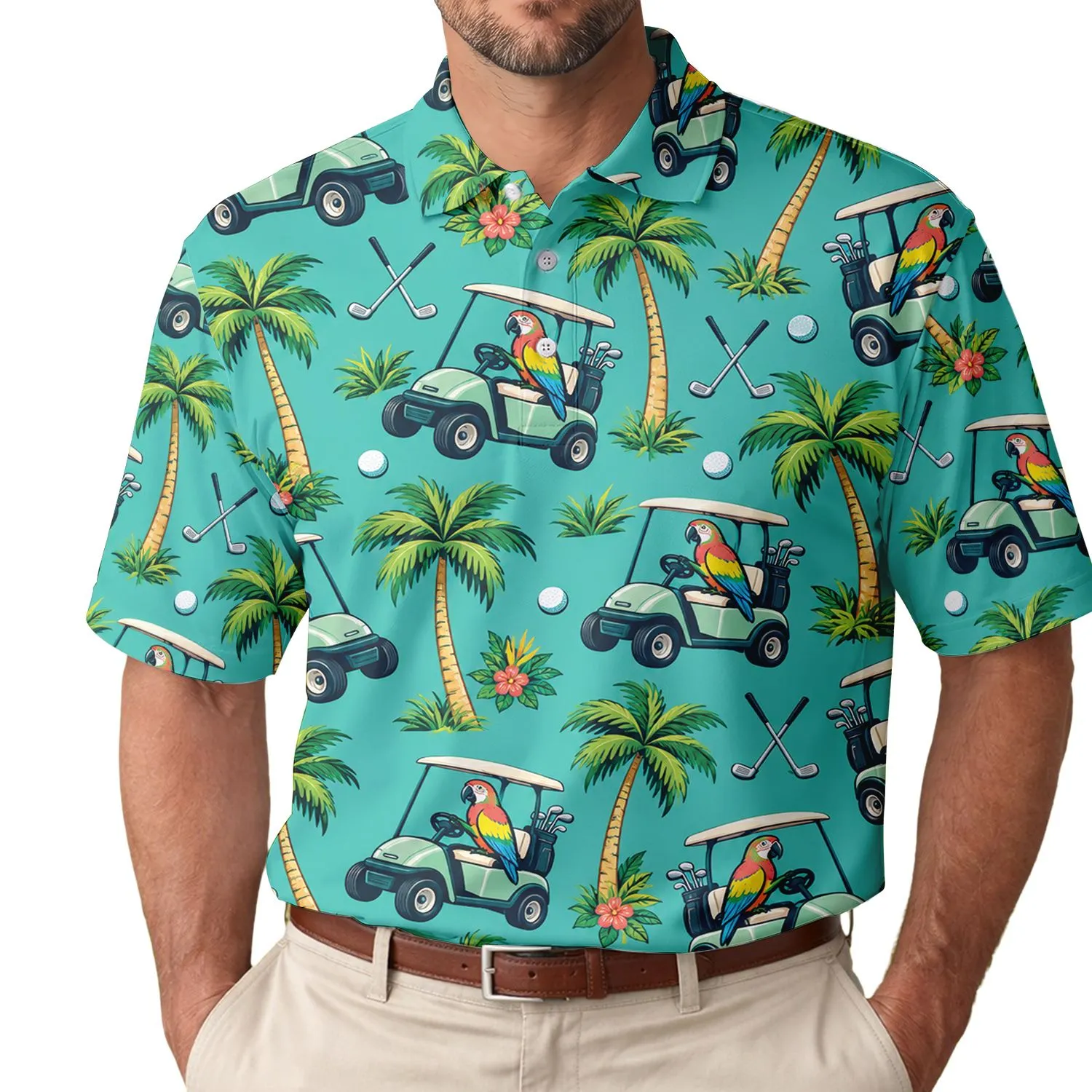 Tropical Parrot Golf Cart Scene for Summer Vacations and Resort Fairways Men's Polo Shirt - 1