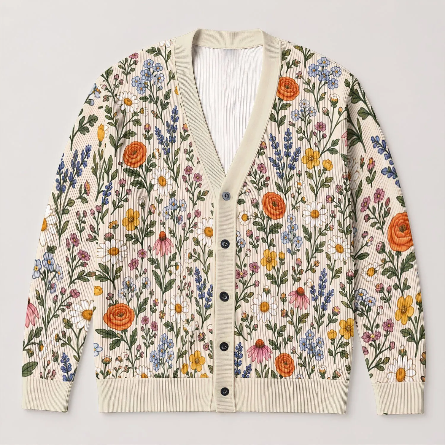 Daisy Meadow Botanical Blooms For Daily Commutes And Weekend Outings, Mori Style Women All-over Print Knitted Cardigan - 1