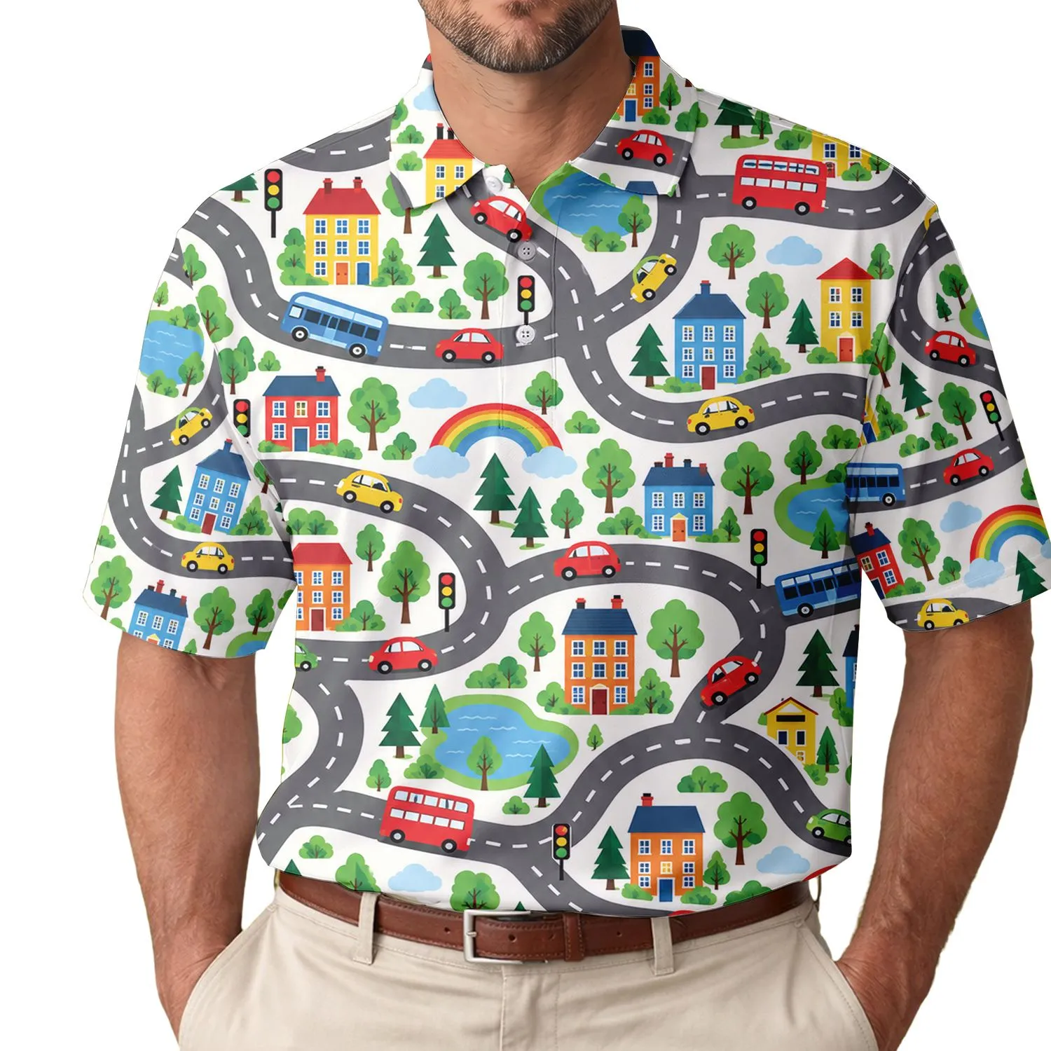 City Streets, Colorful Cars and Buses for Teachers, Drivers and Everyday Urban Explorers Men's Polo Shirt - 1