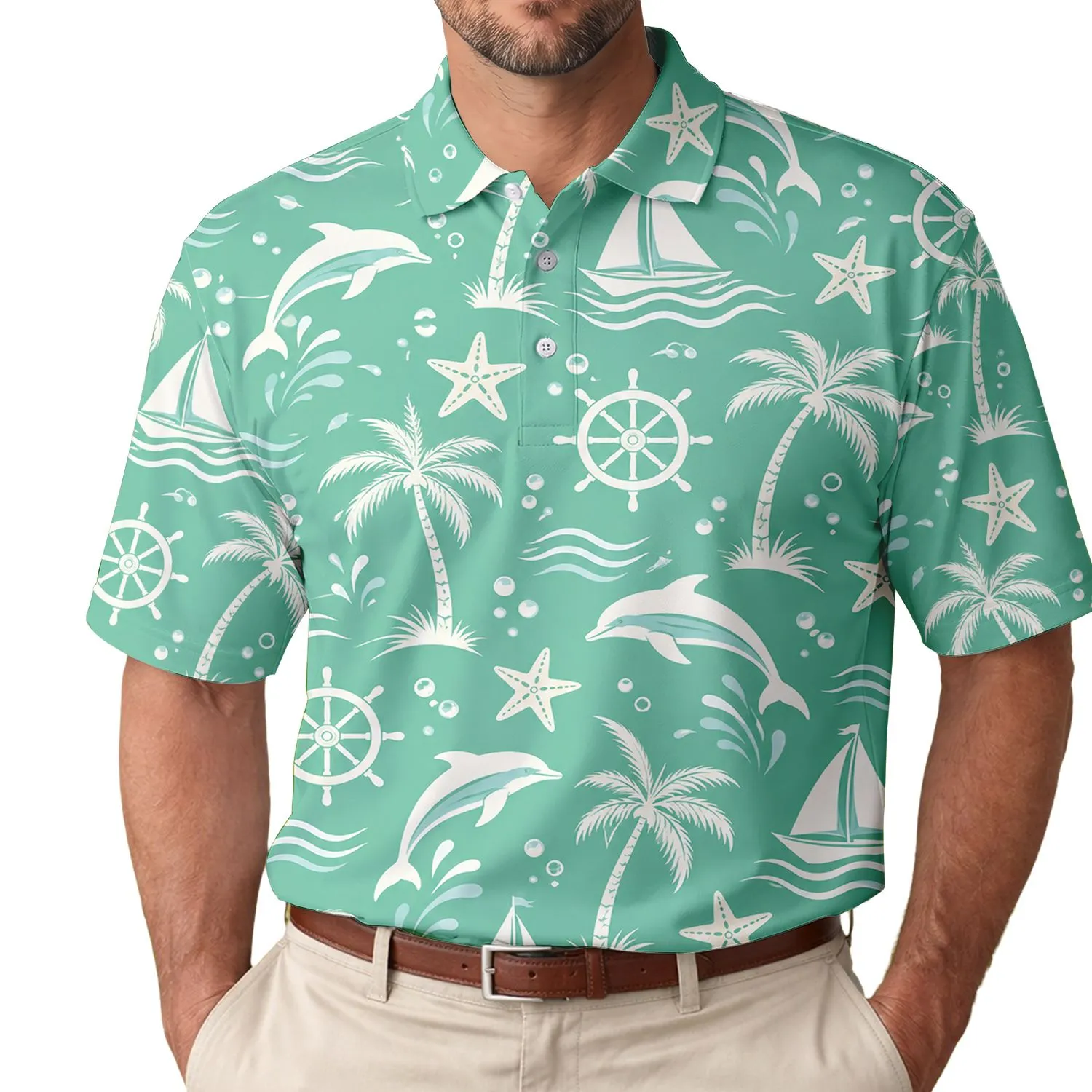 Mint Green Nautical Sailboats and Dolphins for Tropical Ocean Vacations by the Sea Men's Polo Shirt - 1