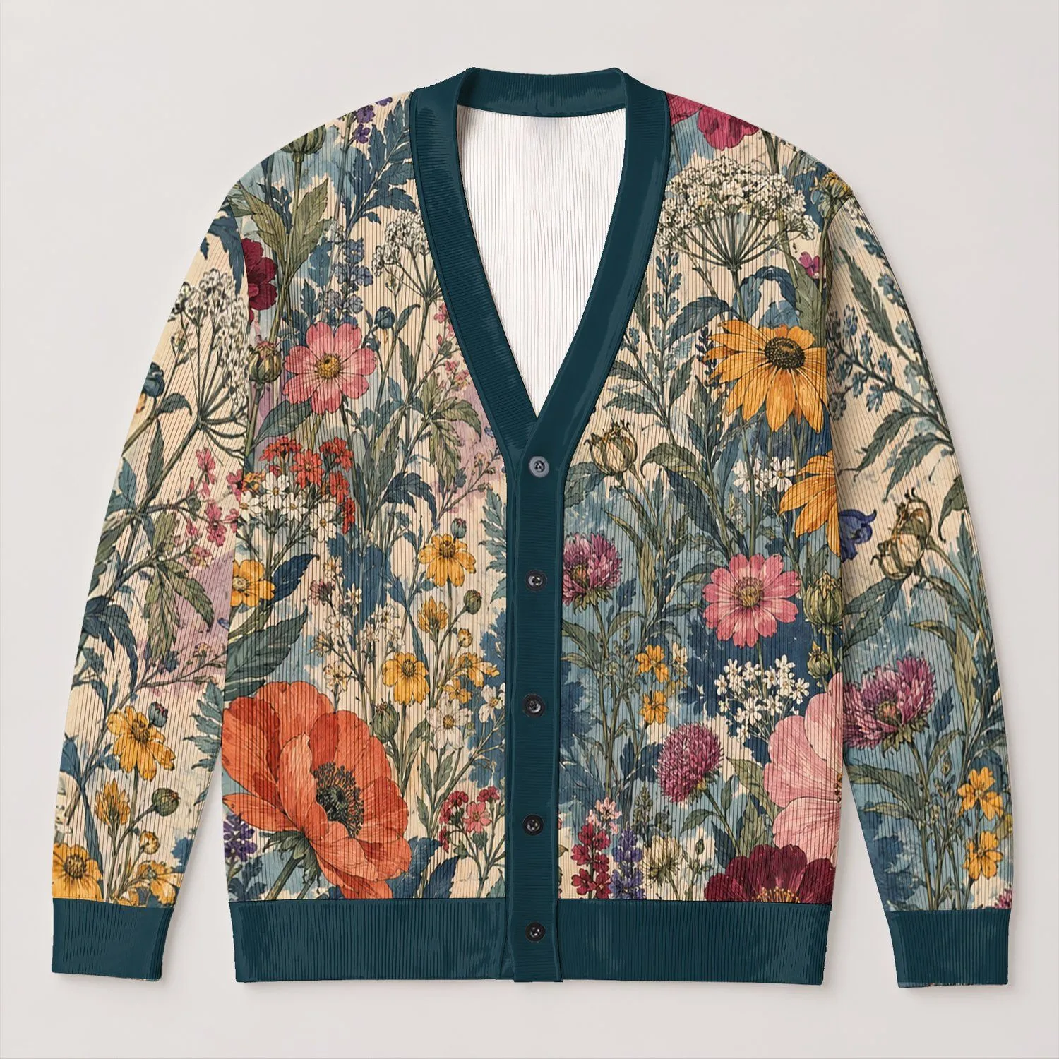 Vintage Wildflower Meadow Motifs for Relaxed Weekend Layering and Boho Wardrobes All-over Print Knitted Cardigan - 1