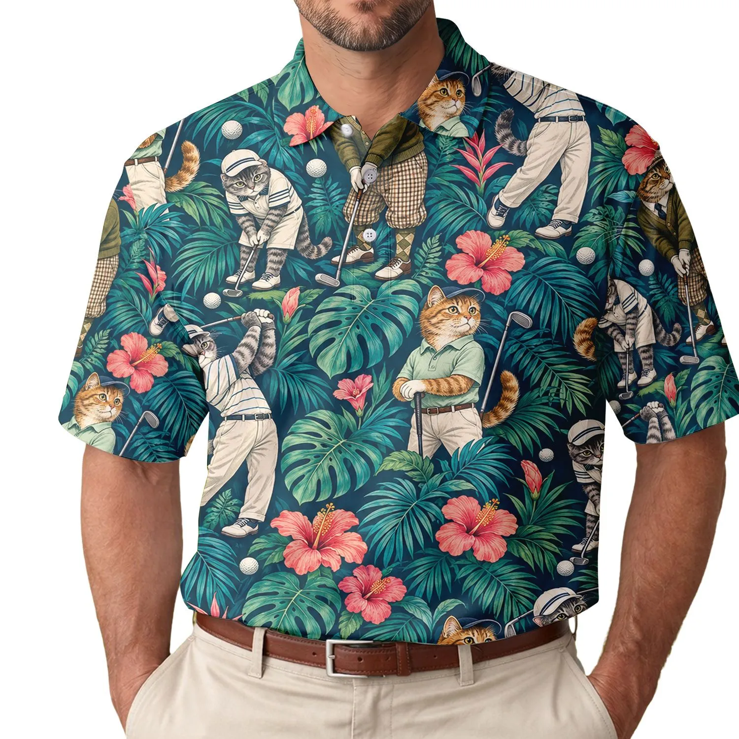 Tropical Cat Golfers with Hibiscus Leaves for Summer Fairways and Golf-Loving Fans Men's Polo Shirt - 1