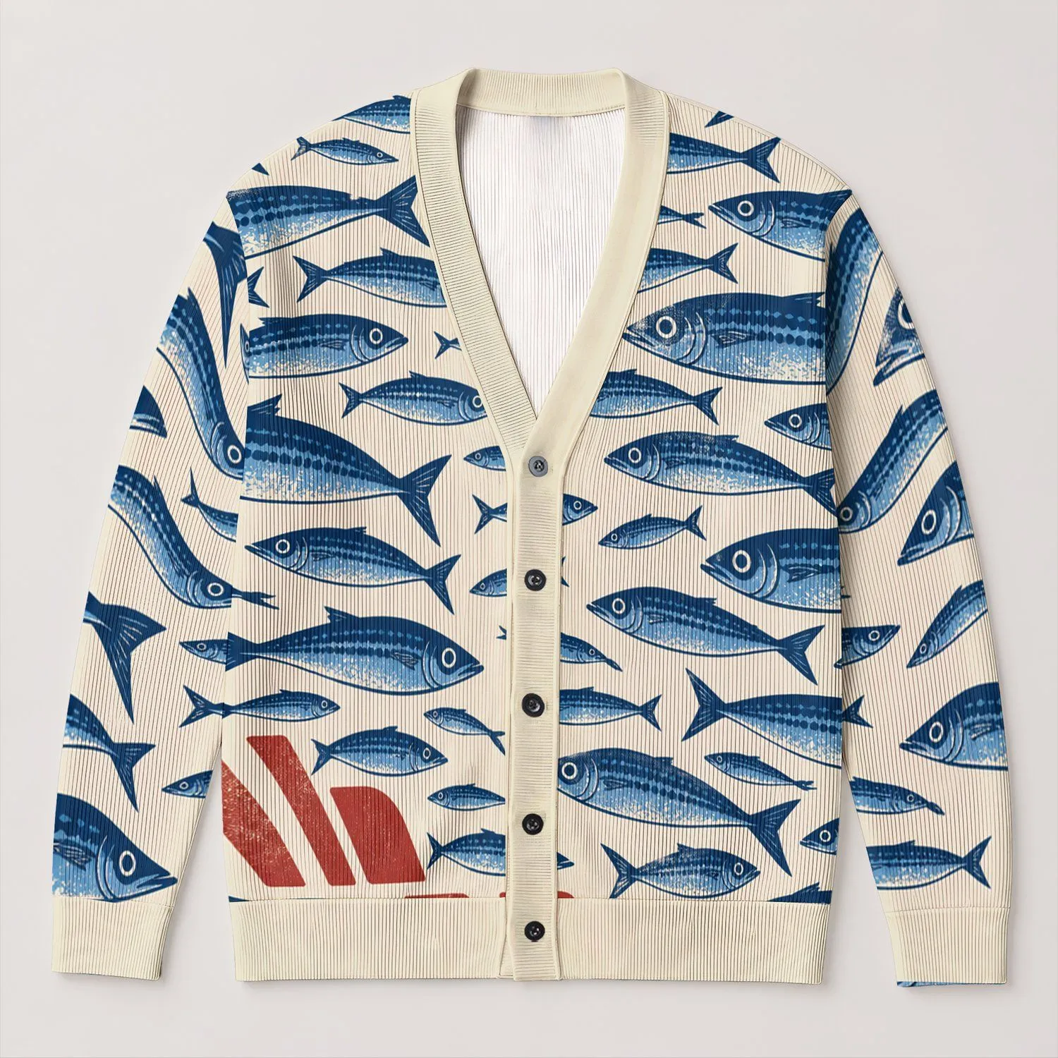 Blue Fish And Red Geometric Shapes For Vintage Coastal Everyday Layering For Women All-over Print Knitted Cardigan - 1