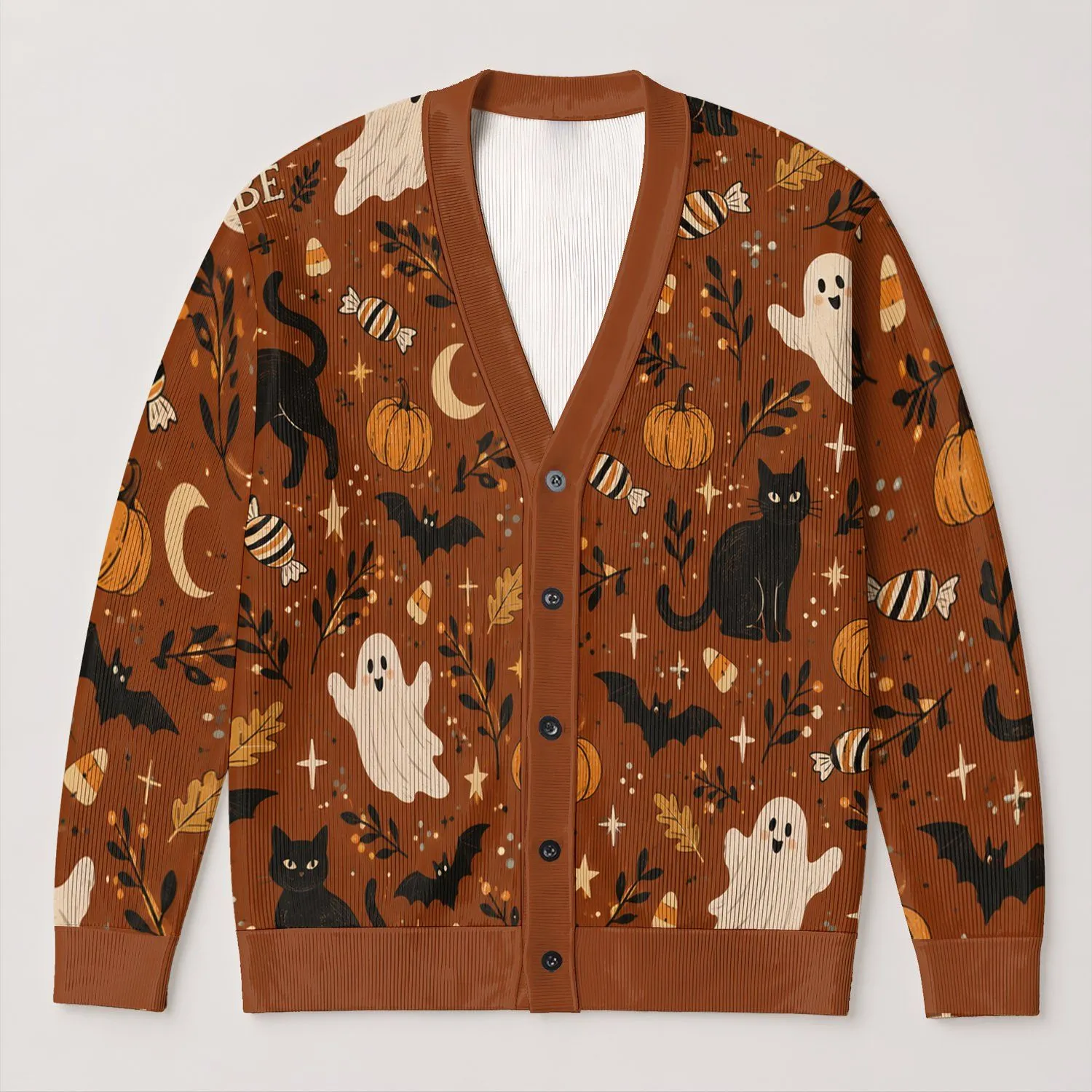 Spooky Ghosts, Black Cats And Autumn Motifs For Halloween Layering, Women's Style All-over Print Knitted Cardigan - 1