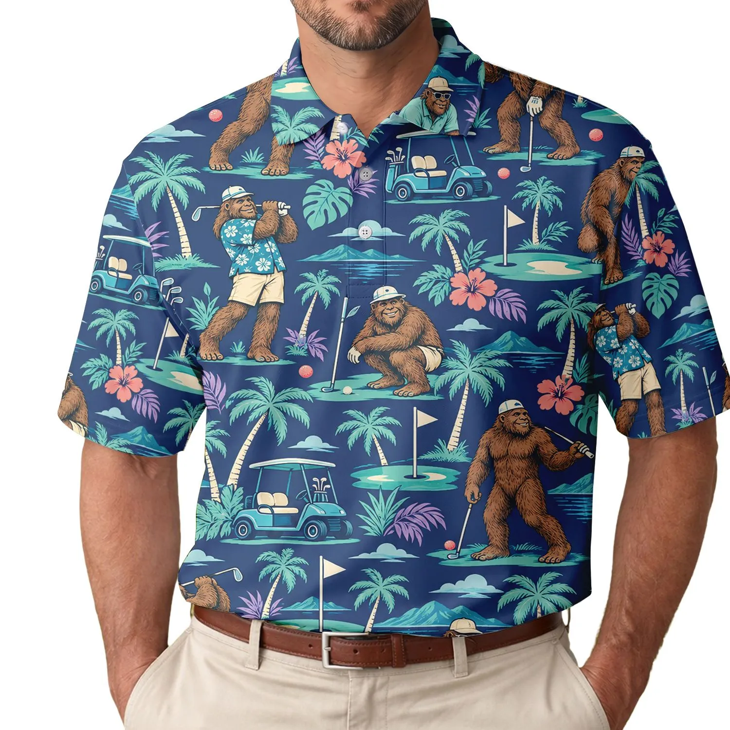 Bigfoot Tropical Golf Scene for Resort Weekends and Golf Lovers, Sasquatch Fans Gift Men's Polo Shirt - 1