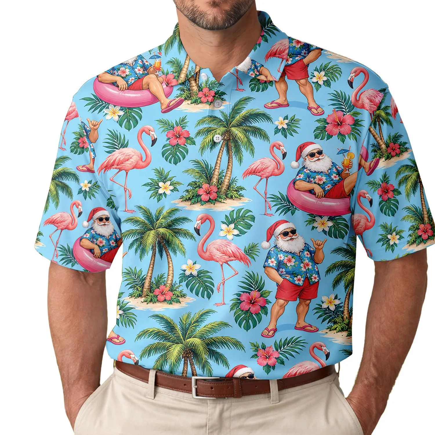 Santa Claus Flamingos And Palms For Christmas In July Tropical Beach Celebrations Men's Polo Shirt - 1
