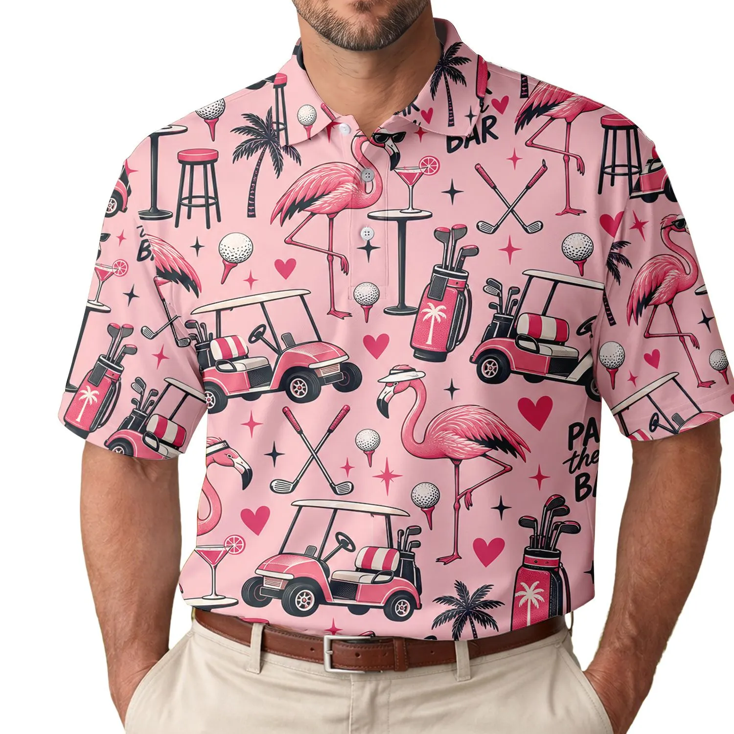 Pink Flamingos and Golf Carts for Golf Trips and Par-Tee Celebrations for Women Men Men's Polo Shirt - 1