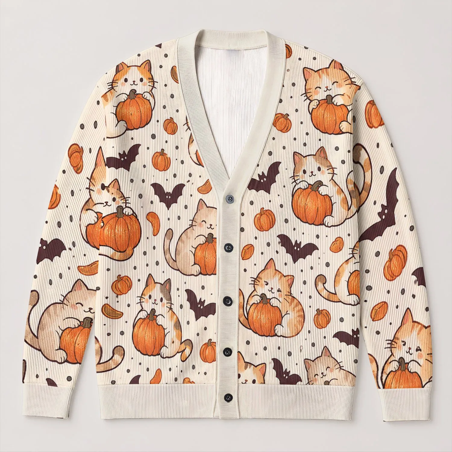 Halloween Cats with Pumpkins for Cozy Autumn Layering, Women's Seasonal Style Looks All-over Print Knitted Cardigan - 1