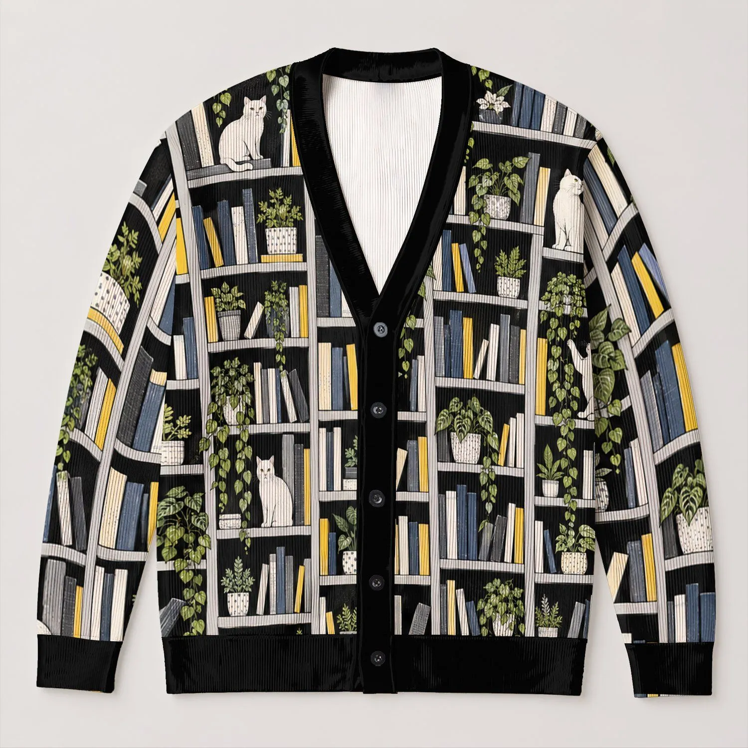 Bookshelf Cat Reading Room Motif for Relaxed Library Days and Cozy Everyday Layering All-over Print Knitted Cardigan - 1