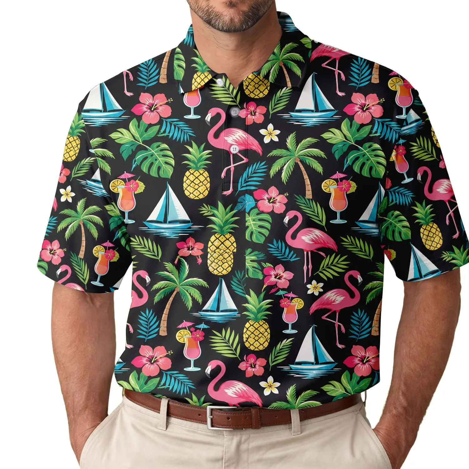 Flamingo Tropical Cocktail Sailboat Beach Escape Style For Men Women Summer Getaway Men's Polo Shirt - 1