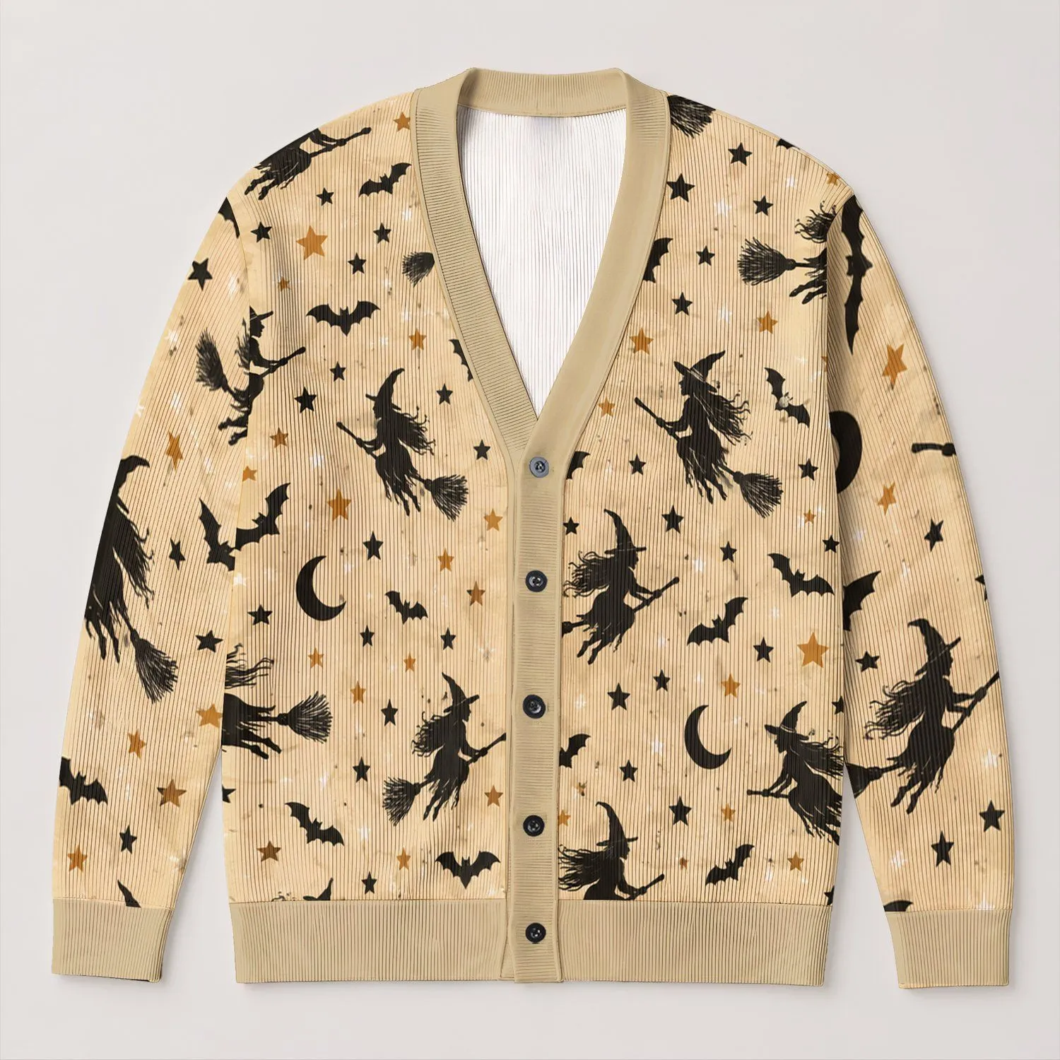Black Witch, Bats And Crescent Moons For Halloween Autumn Layering Women’s Weekend Style All-over Print Knitted Cardigan - 1