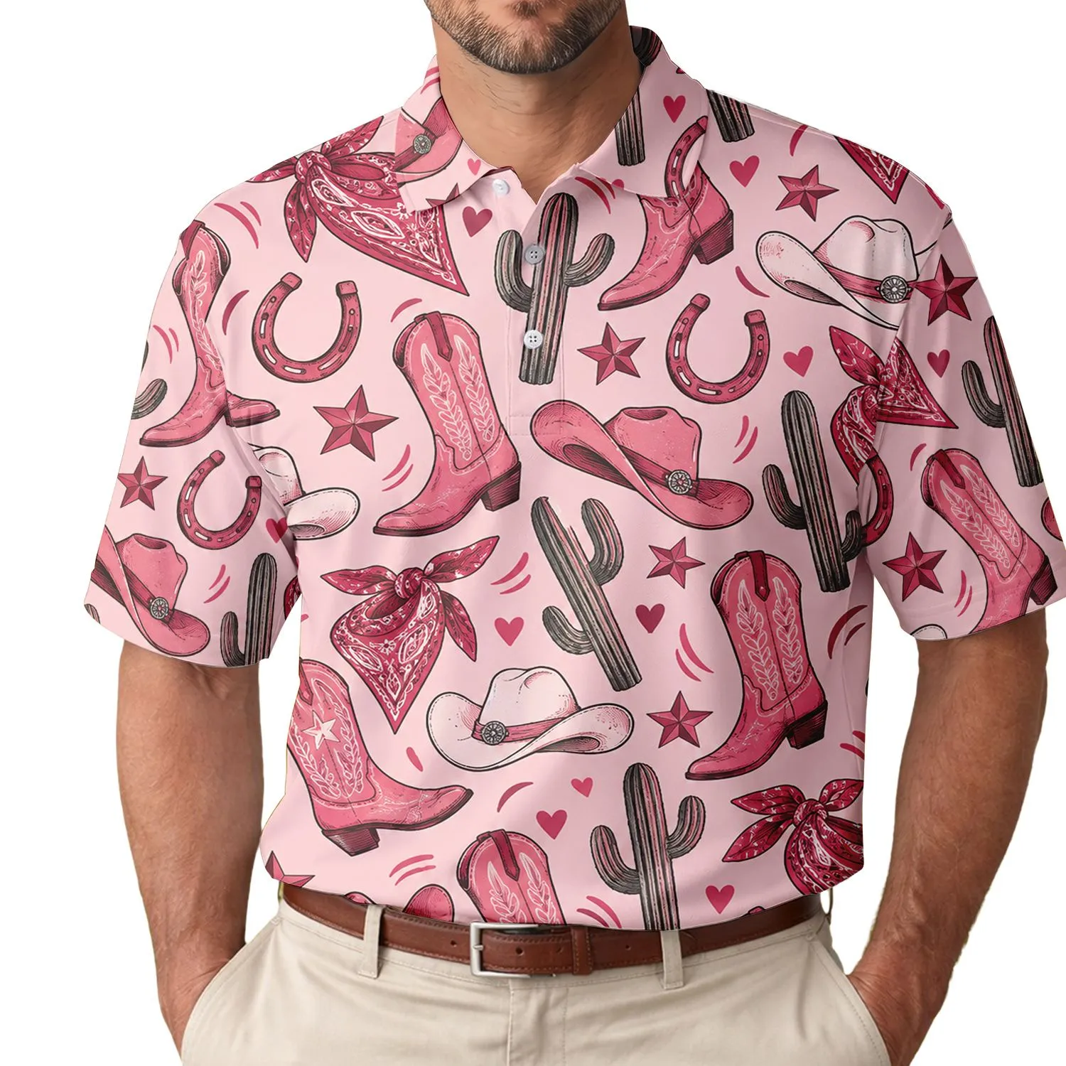 Pink Western Cowgirl Rodeo Golf Style for Country Club Days, Women and Men Outdoors Men's Polo Shirt - 1