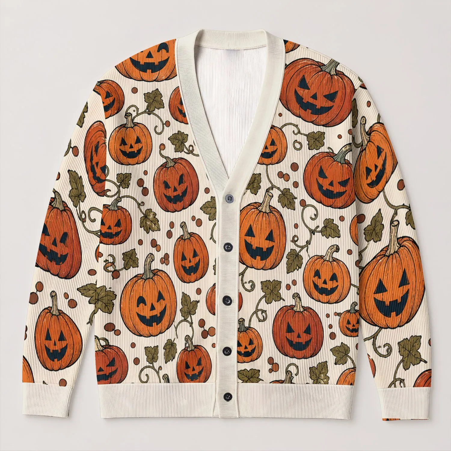 Jack-O'-Lantern Pumpkin Motifs For Halloween Layering And Cozy Autumn Gatherings All-over Print Knitted Cardigan - 1