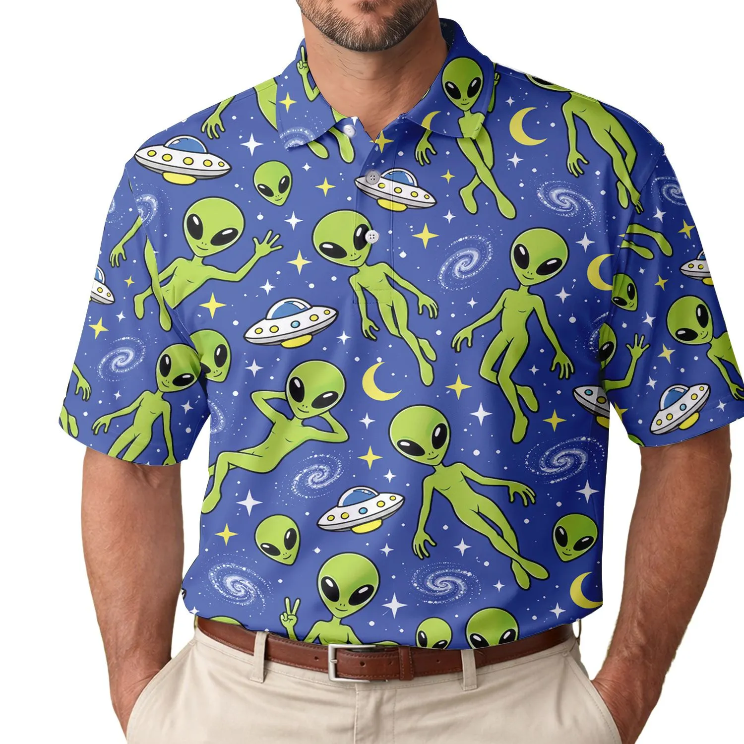 Funny Alien UFO Galaxy Gift for Golf Lovers, Space Fans, Men and Women Who Love Space Men's Polo Shirt - 1