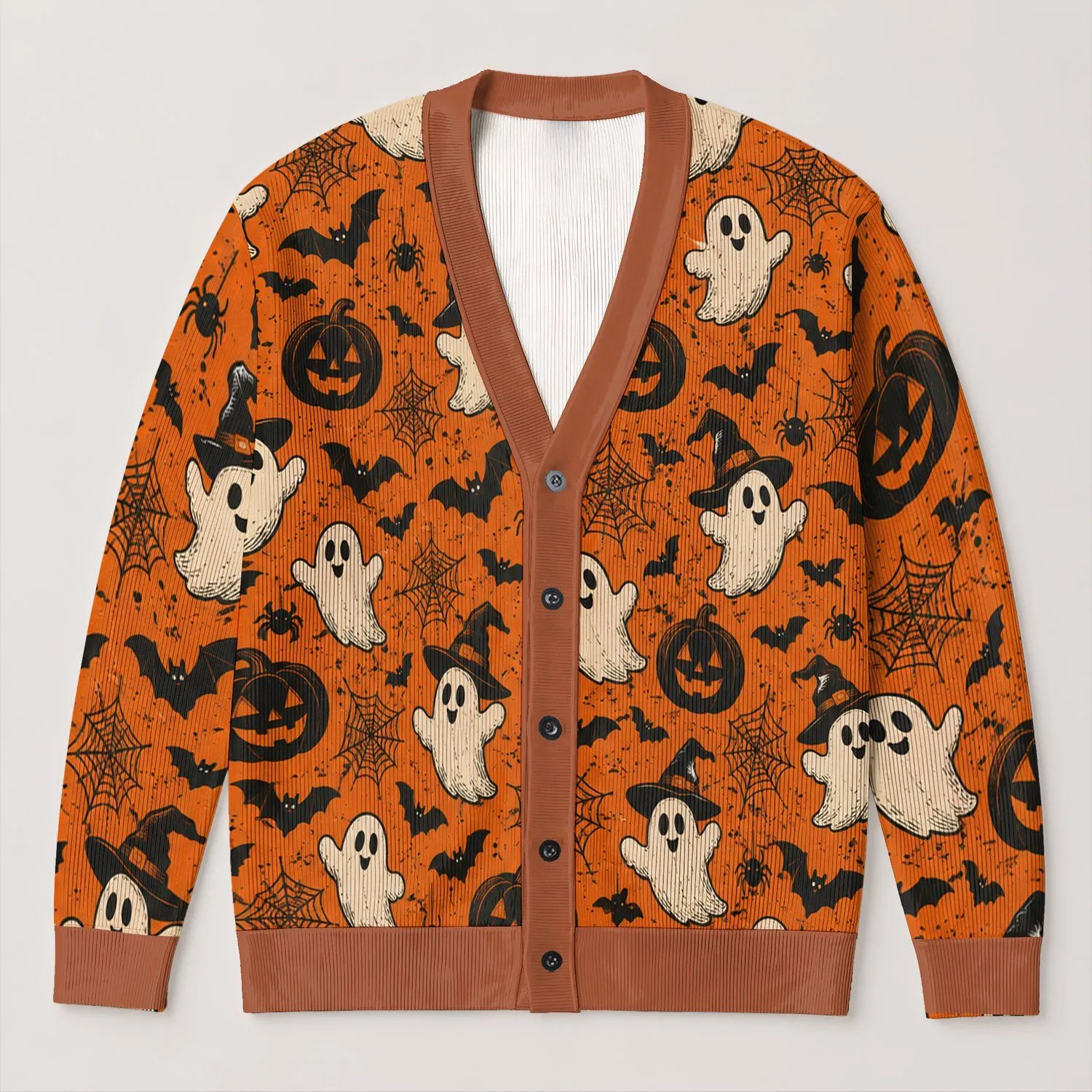 Halloween Pumpkin Ghost Bat Jack-O-Lanterns For Festive Autumn Layering Women’s Casual All-over Print Knitted Cardigan - 1