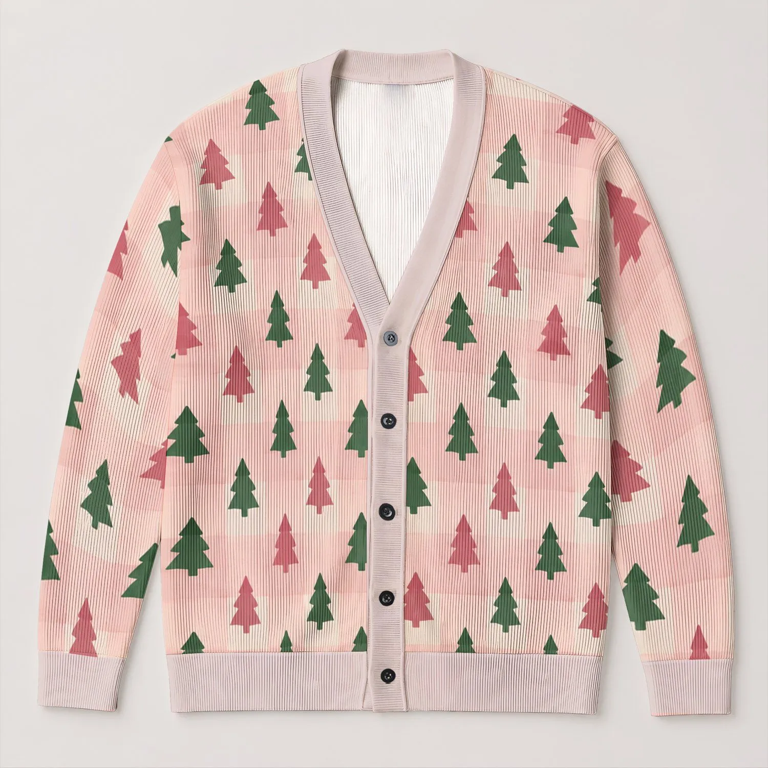 Pink and Green Christmas Tree Motifs for Festive Holiday Layering and Seasonal Gifting All-over Print Knitted Cardigan - 1
