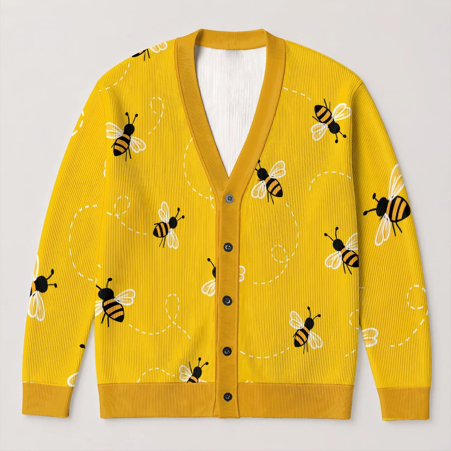 Golden Bee Motif for Casual Layering and Garden Days, Women's Nature-Inspired Style All-over Print Knitted Cardigan - 1