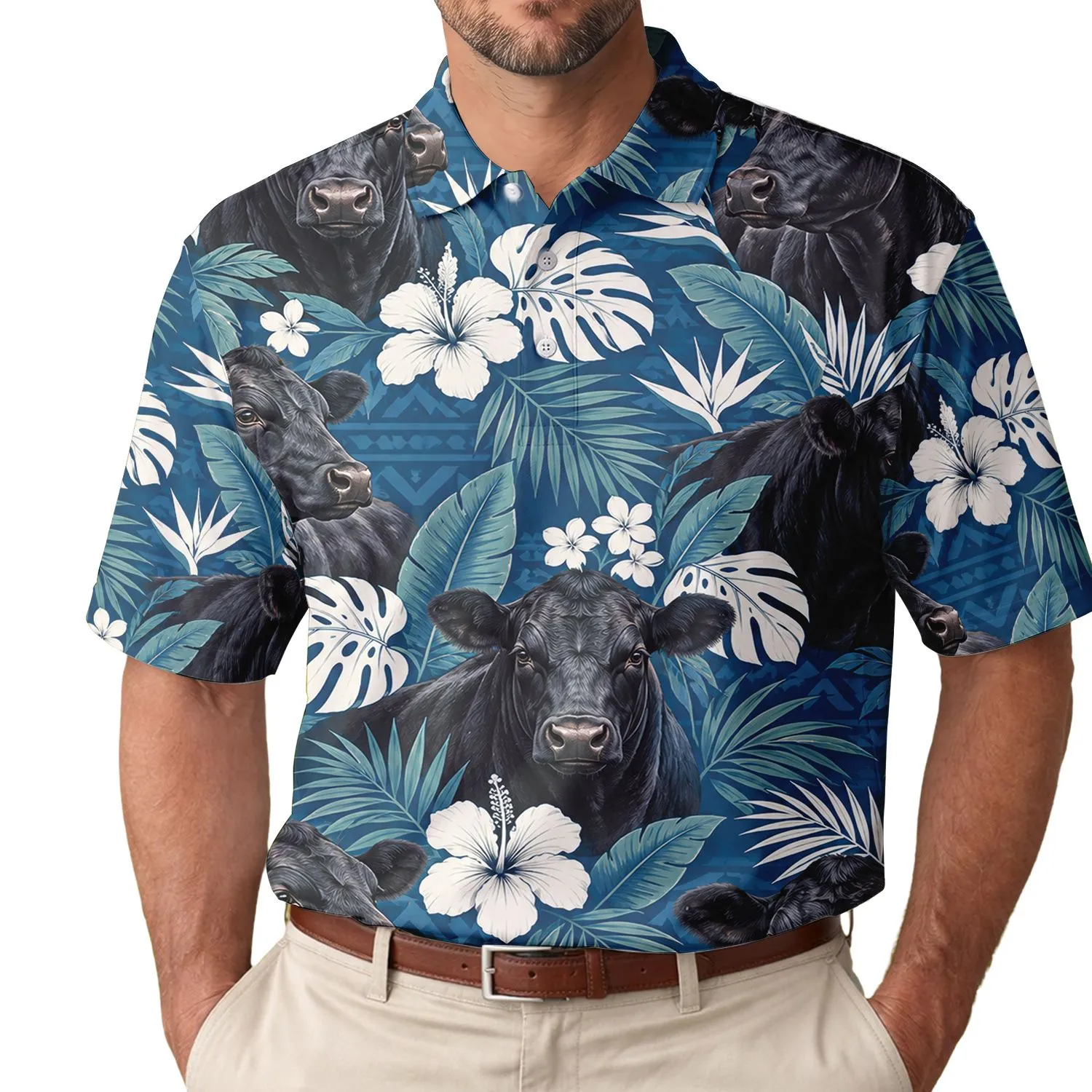 Tropical Angus Cattle Scene for Island Getaways and Rustic Ranch Life, Men Women Youth Men's Polo Shirt - 1
