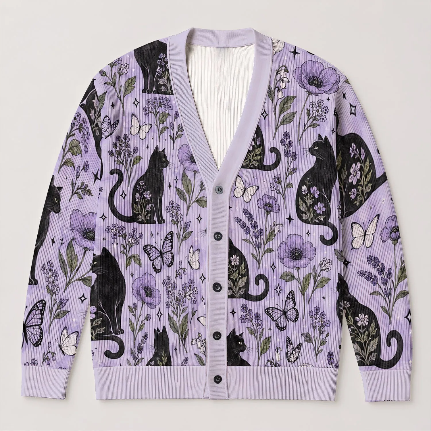 Black Cat Butterfly Floral Motif For Whimsical Everyday Layering And Cat Lover Gifting All-over Print Knitted Cardigan - 1