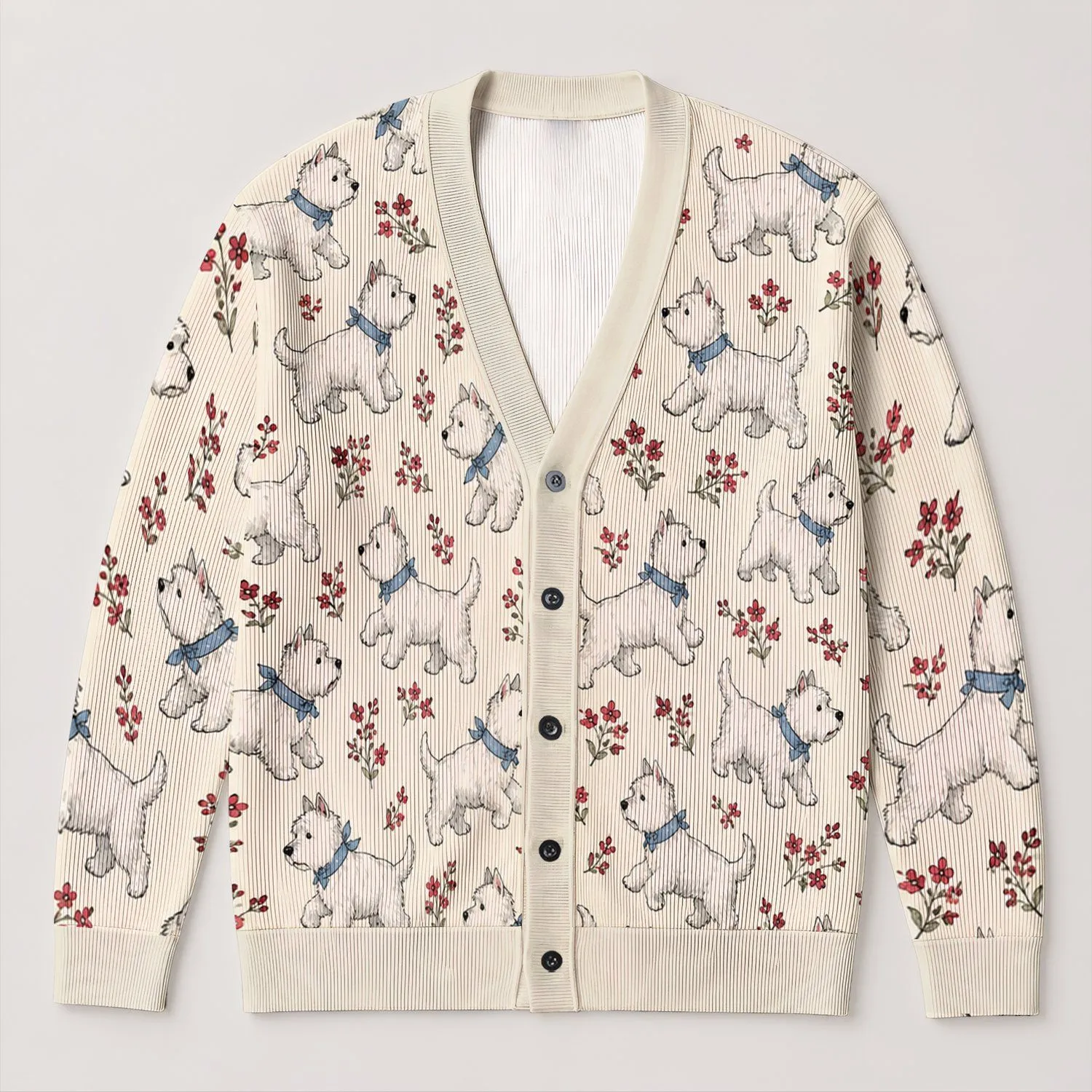 White Terrier Dogs With Blue Collars And Red Flowers For Cozy Everyday Layers Dog Lovers All-over Print Knitted Cardigan - 1