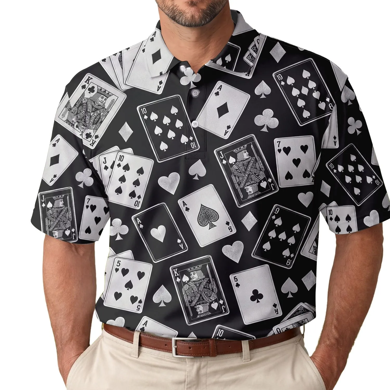 Black and White Poker Card Icons for Casino Nights and Game Room Style for Adults Men's Polo Shirt - 1
