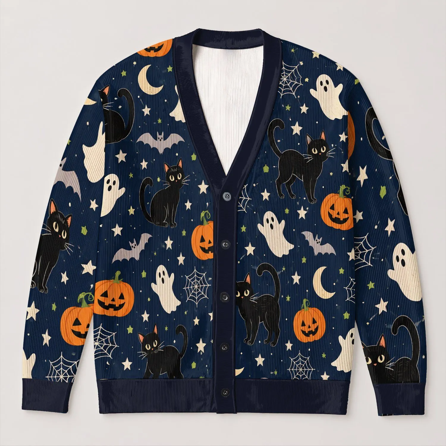 Black Cat Pumpkin Halloween Night Scene For Cozy Autumn Layering And Festive Outings All-over Print Knitted Cardigan - 1