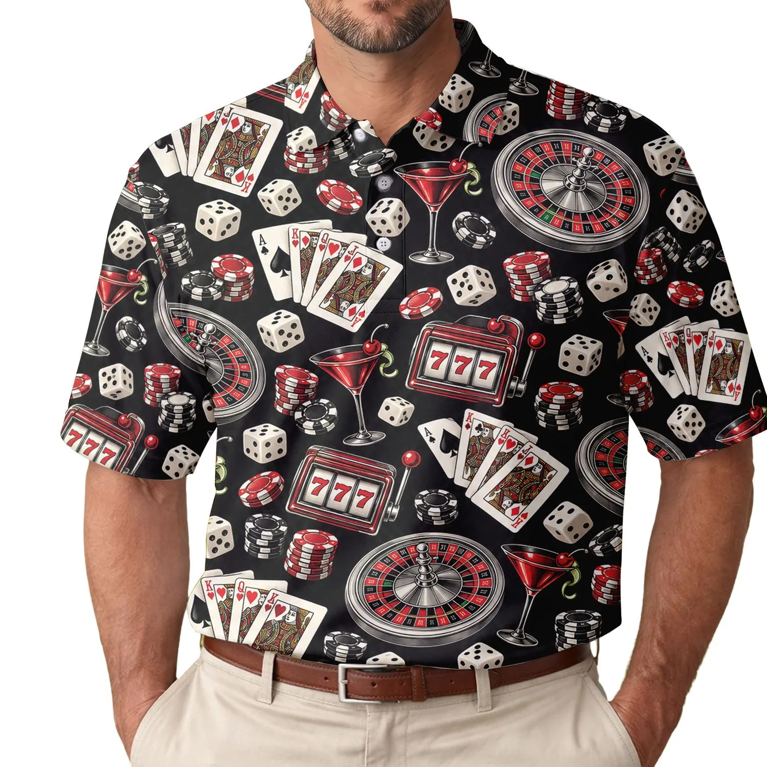 Casino Cards Dice Roulette Cocktail Motifs for Las Vegas Nights and Game Room Fun Men's Polo Shirt - 1