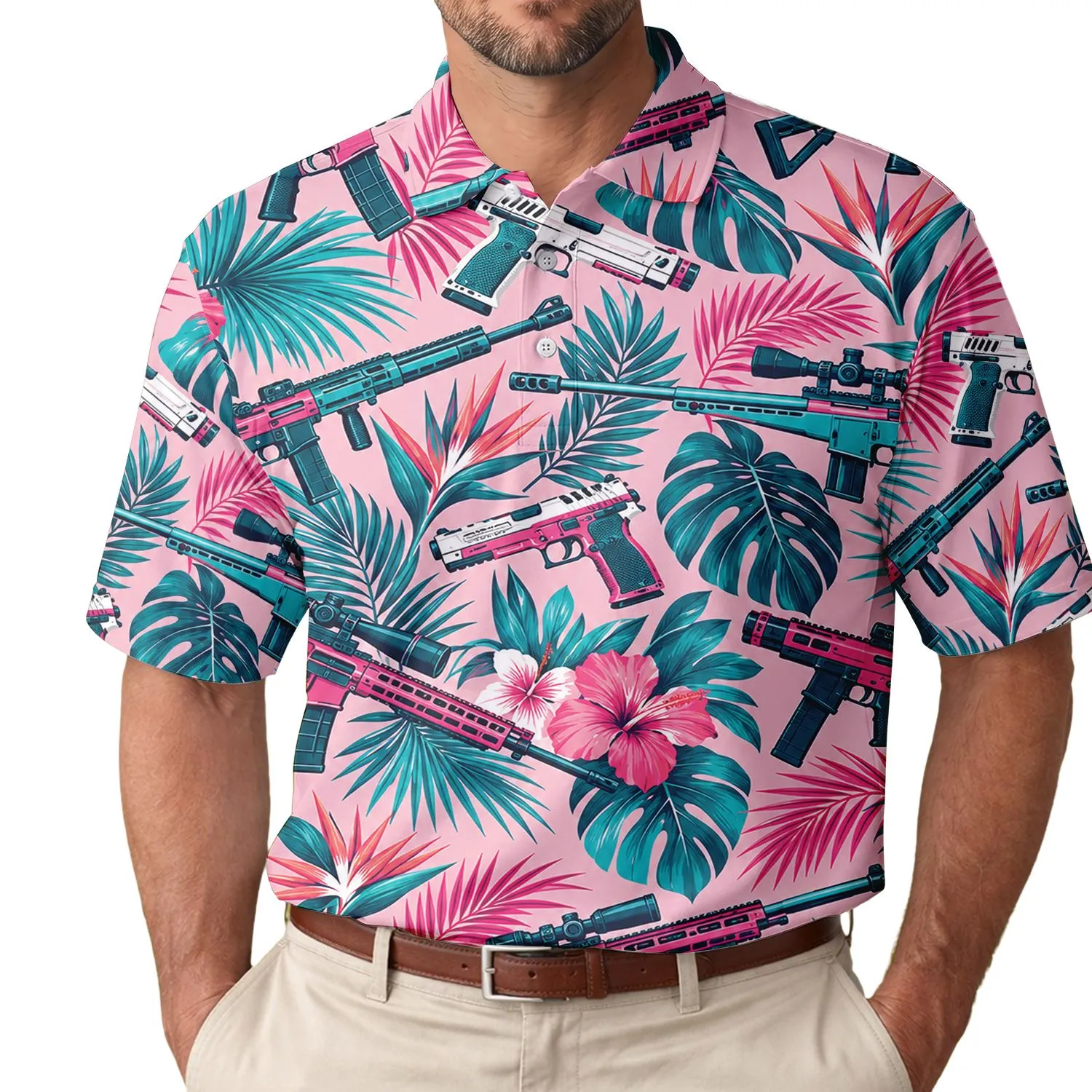 Neon Tropical Tactical Foliage With Retro Miami Energy For Summer Golf And Travel Men's Polo Shirt - 1