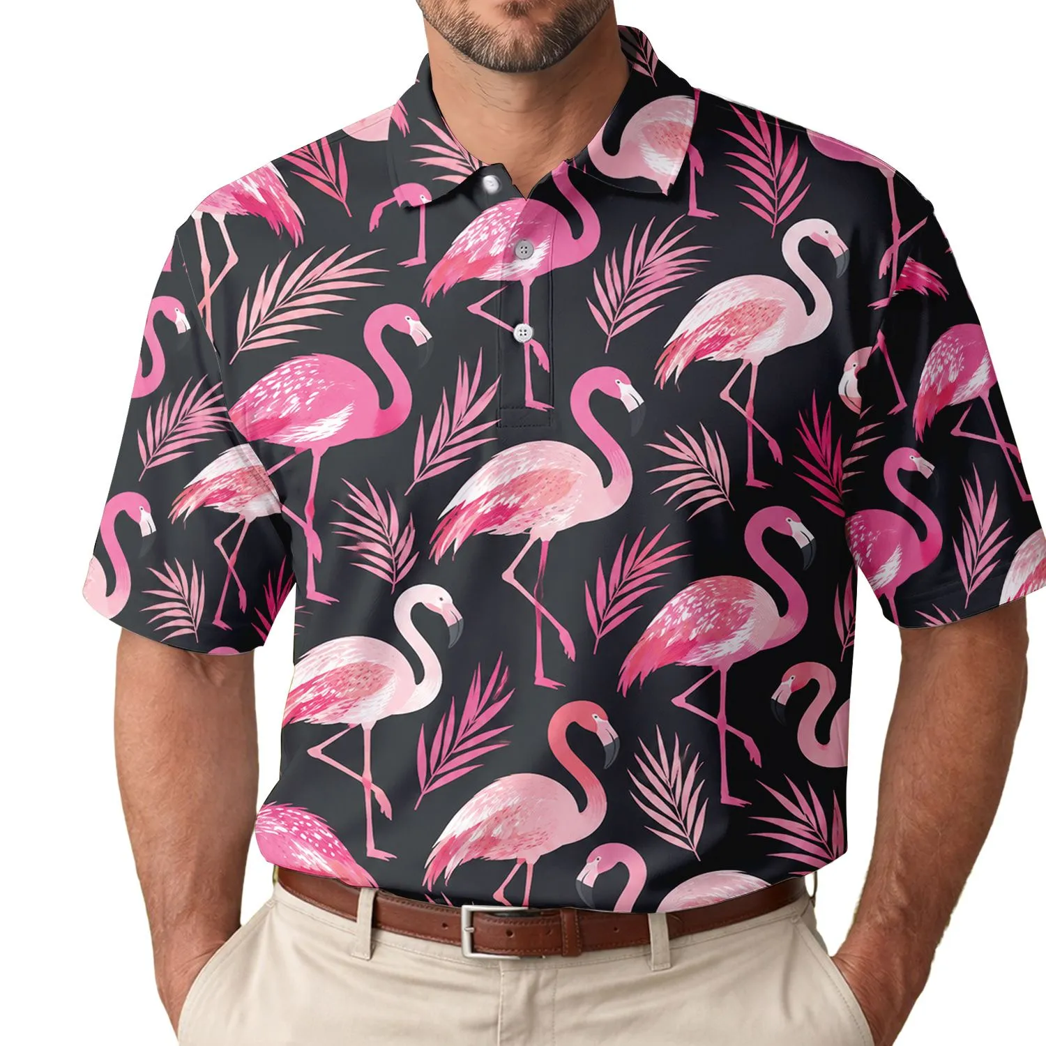 Pink Flamingo Tropical Style for Fun Summer Outfits, Beach Trips and Resort Wear Men's Polo Shirt - 1