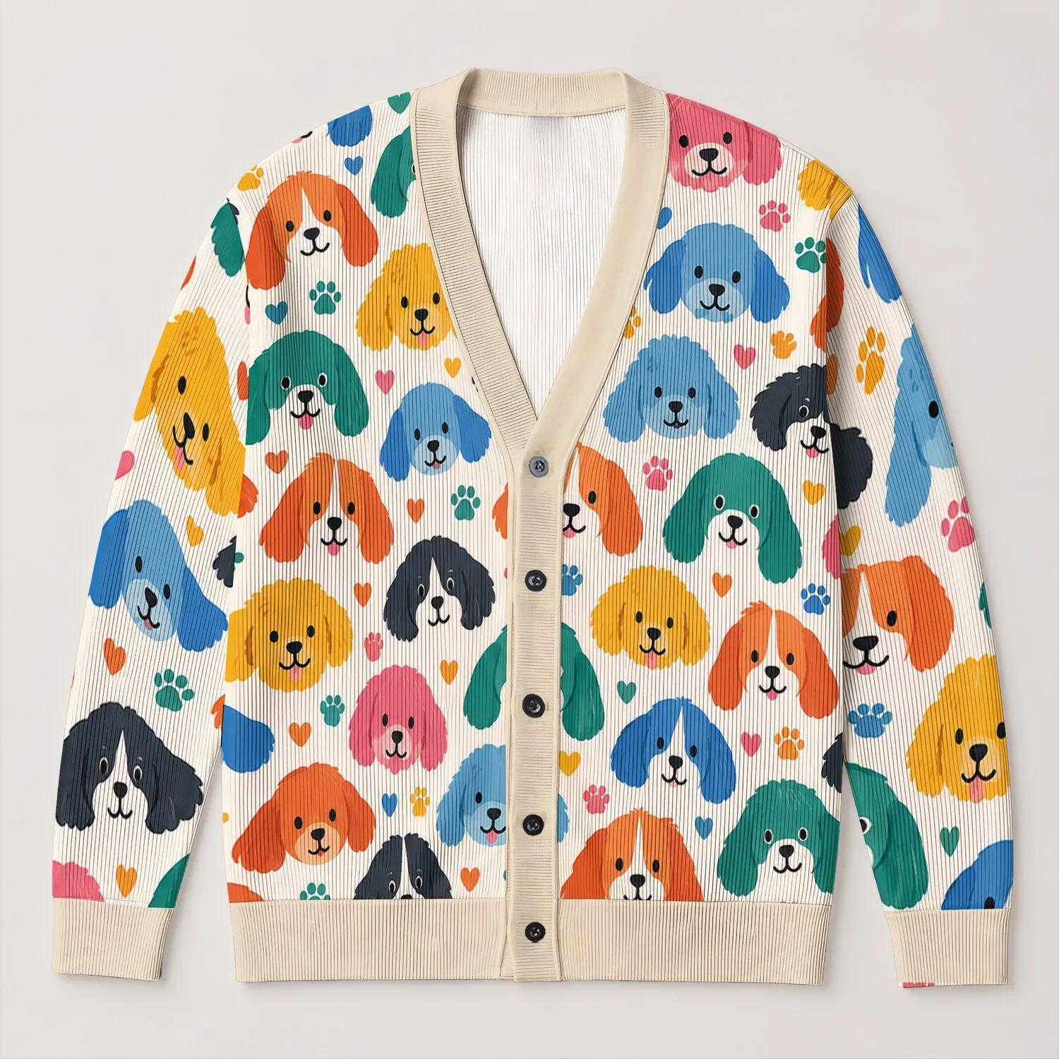Multicolored Puppy Faces For Cheerful Everyday Layering And Women's Casual Style All-over Print Knitted Cardigan - 1