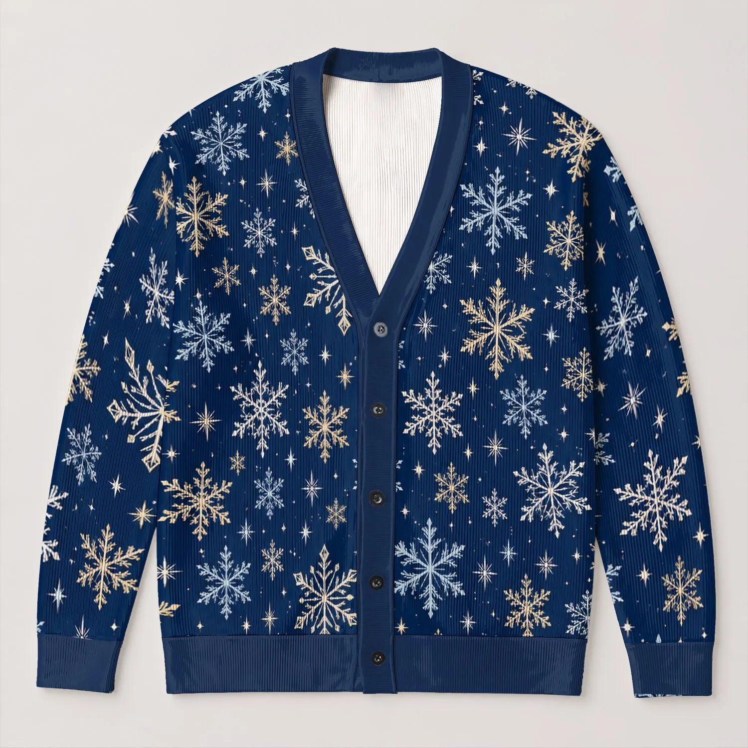 Navy Snowflake Motif for Cozy Winter Layering and Festive Everyday Style for Women All-over Print Knitted Cardigan - 1