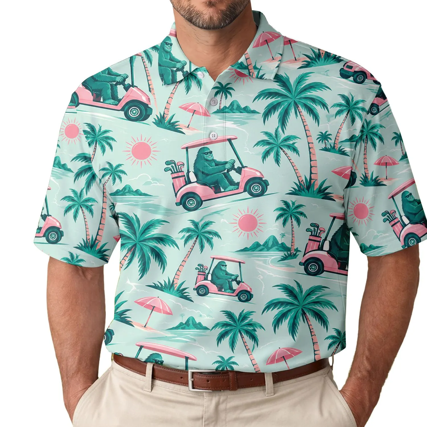 Bigfoot Tropical Golf Cart Scene for Summer Vacation Gifts and Beachside Golf Rounds Men's Polo Shirt - 1