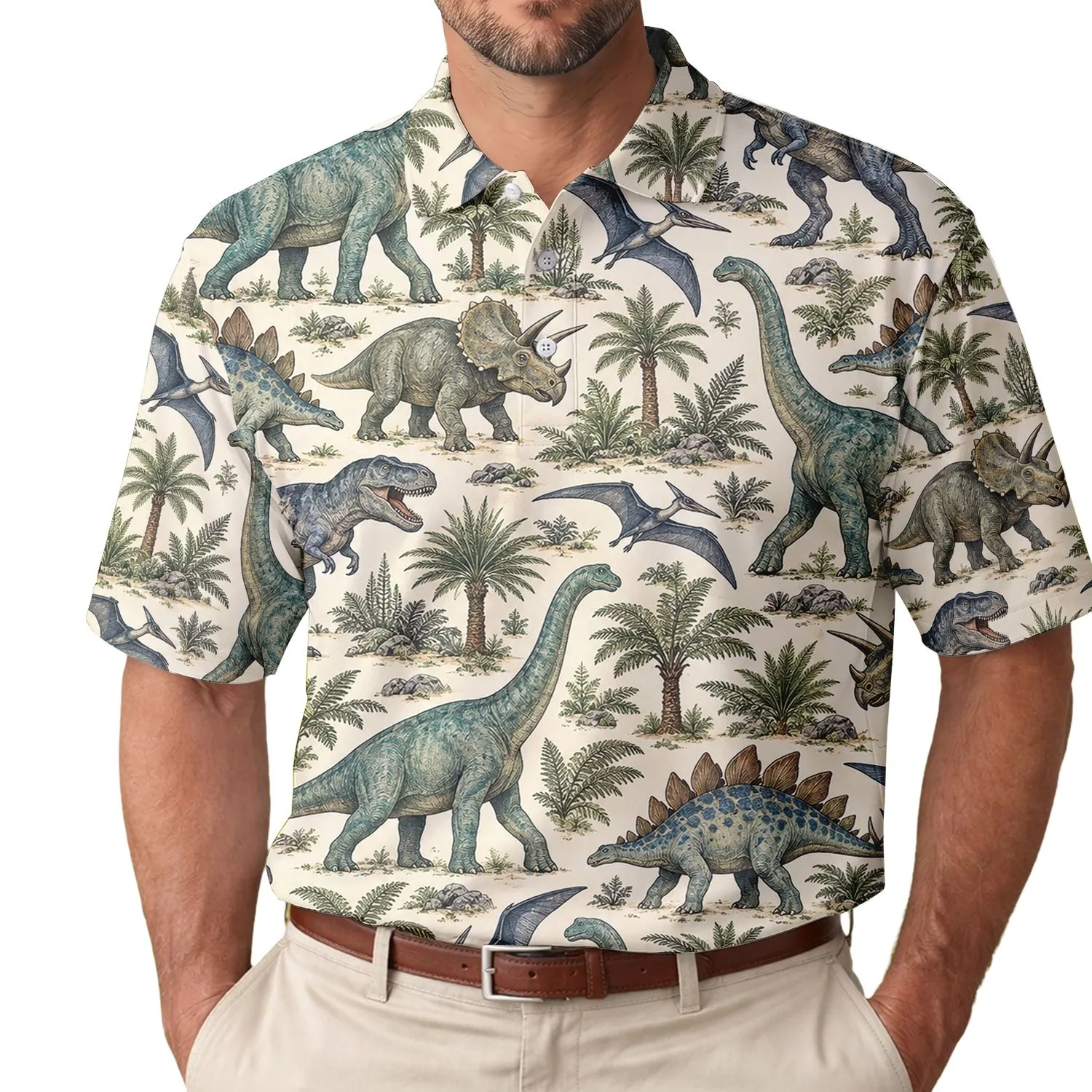 Dinosaur Adventure Golf Style for Prehistoric Fans and Fossil Loving Gift Seekers Men's Polo Shirt - 1