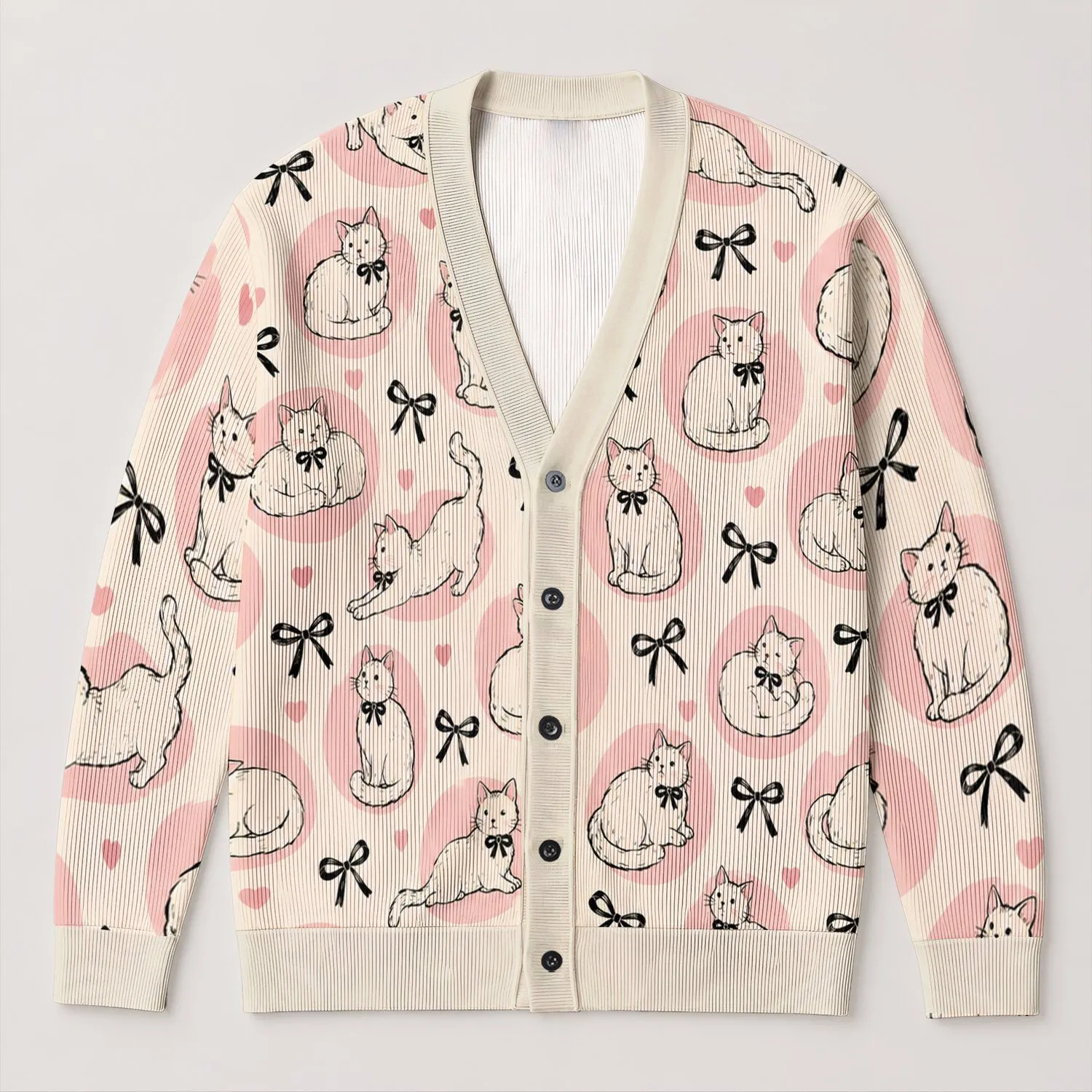Whimsical Cat Bows And Pink Hearts For Cozy Everyday Layering, Women's Gift Idea For Her All-over Print Knitted Cardigan - 1