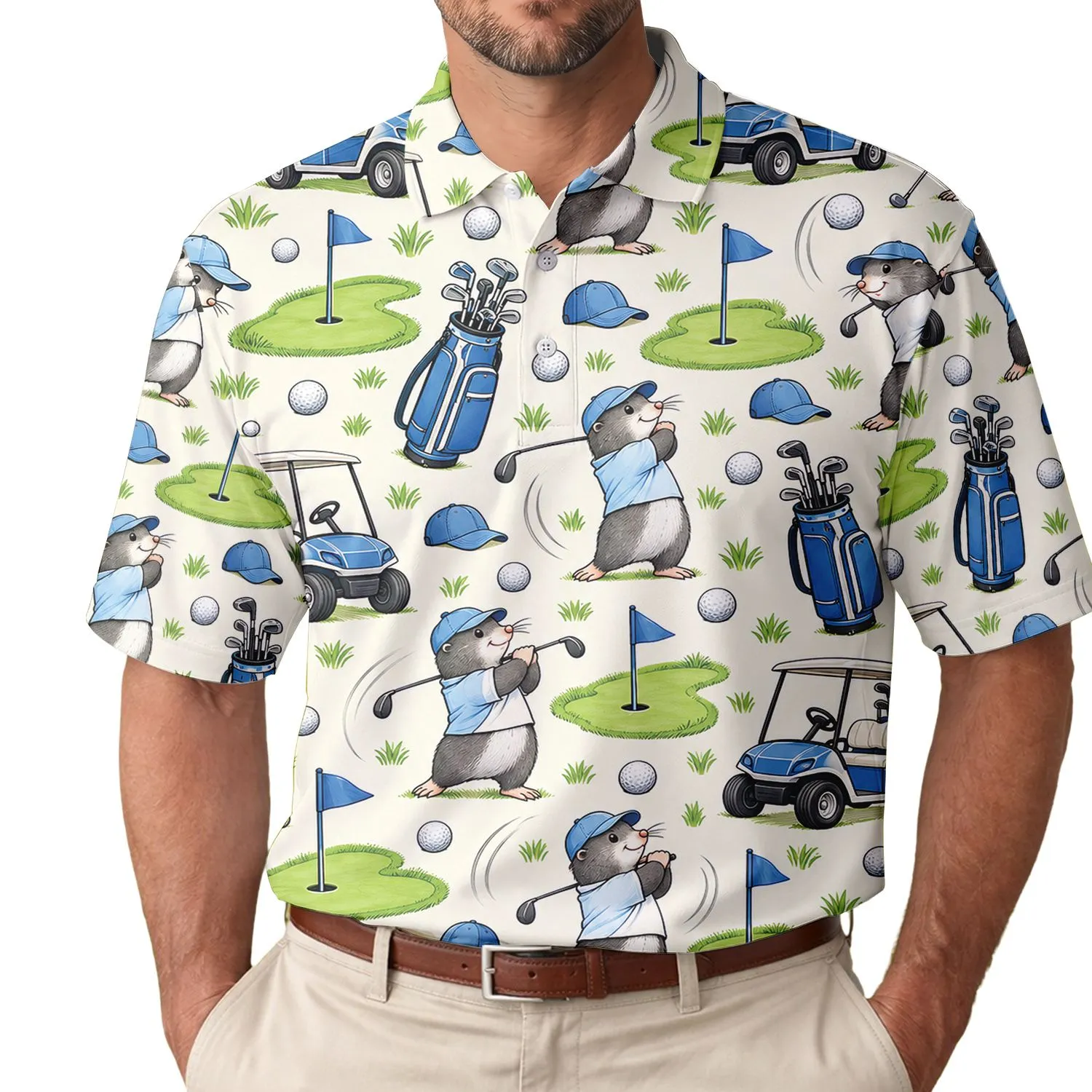 Funny Mole Golf Scene for Summer Fairway Style and Gifts for Men and Women Outdoors Men's Polo Shirt - 1