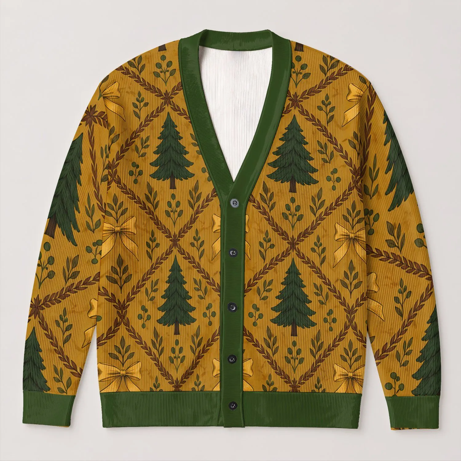 Golden Bow and Evergreen Tree Motifs for Festive Holiday Layering, Women's Autumn Style All-over Print Knitted Cardigan - 1