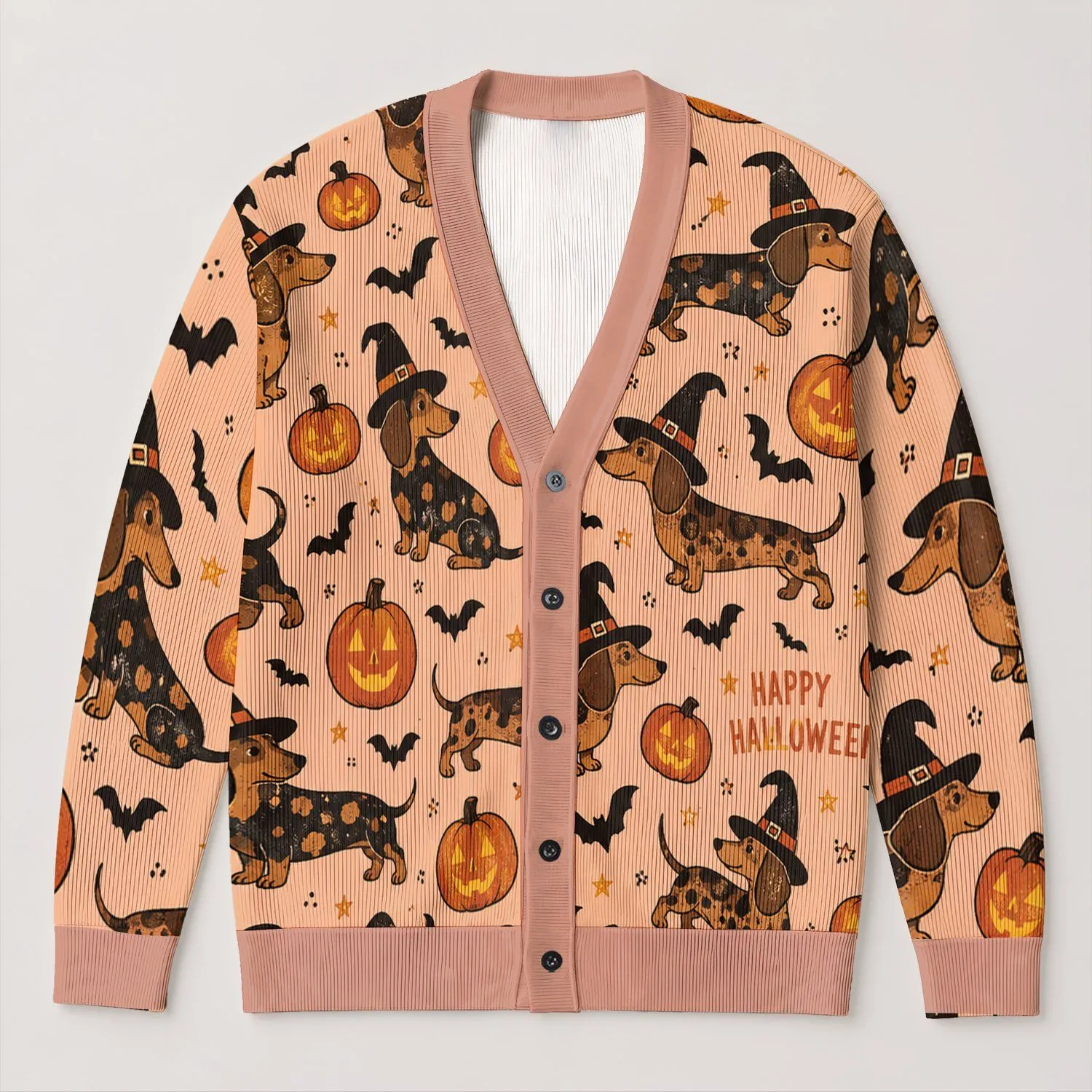 Halloween Dachshunds and Jack-o'-Lanterns for Cozy Autumn Celebrations All-over Print Knitted Cardigan - 1