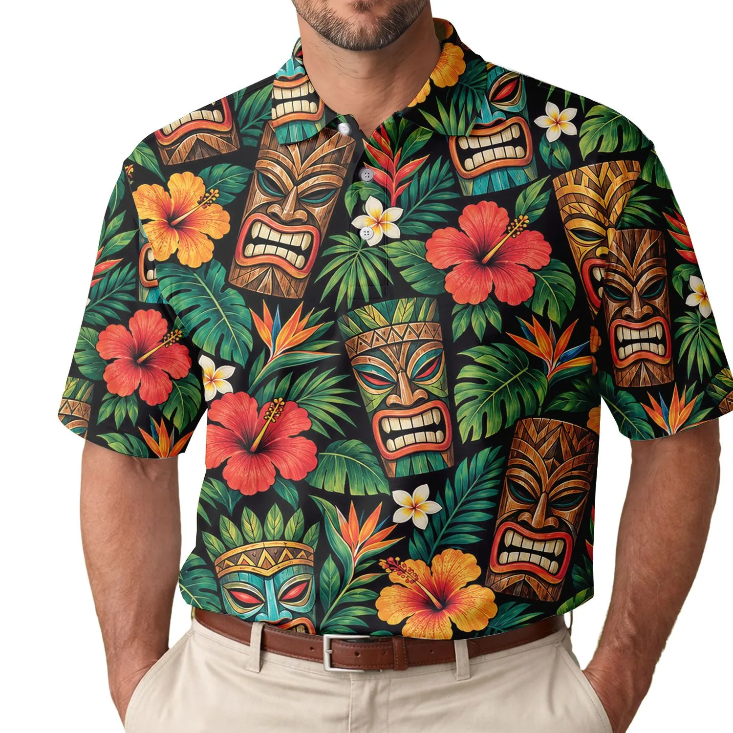 Colorful Tiki Mask Tropical Flowers Hawaiian Style Luau Getaways and Golf Days, Men Women Men's Polo Shirt - 1