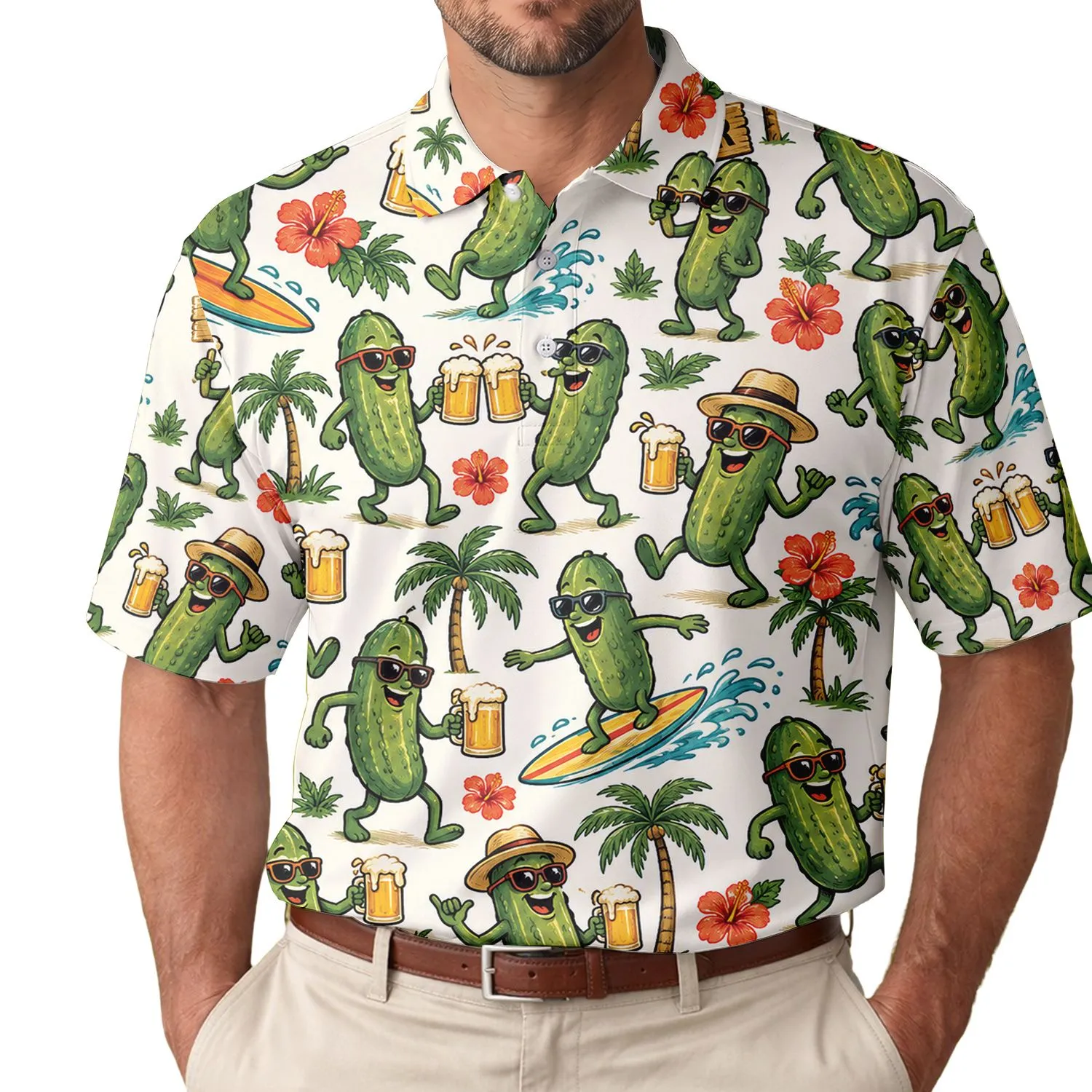Funny Pickle Beer Party Scene for Drinking Festivals, Beach Days, and Easy Gift Giving Men's Polo Shirt - 1