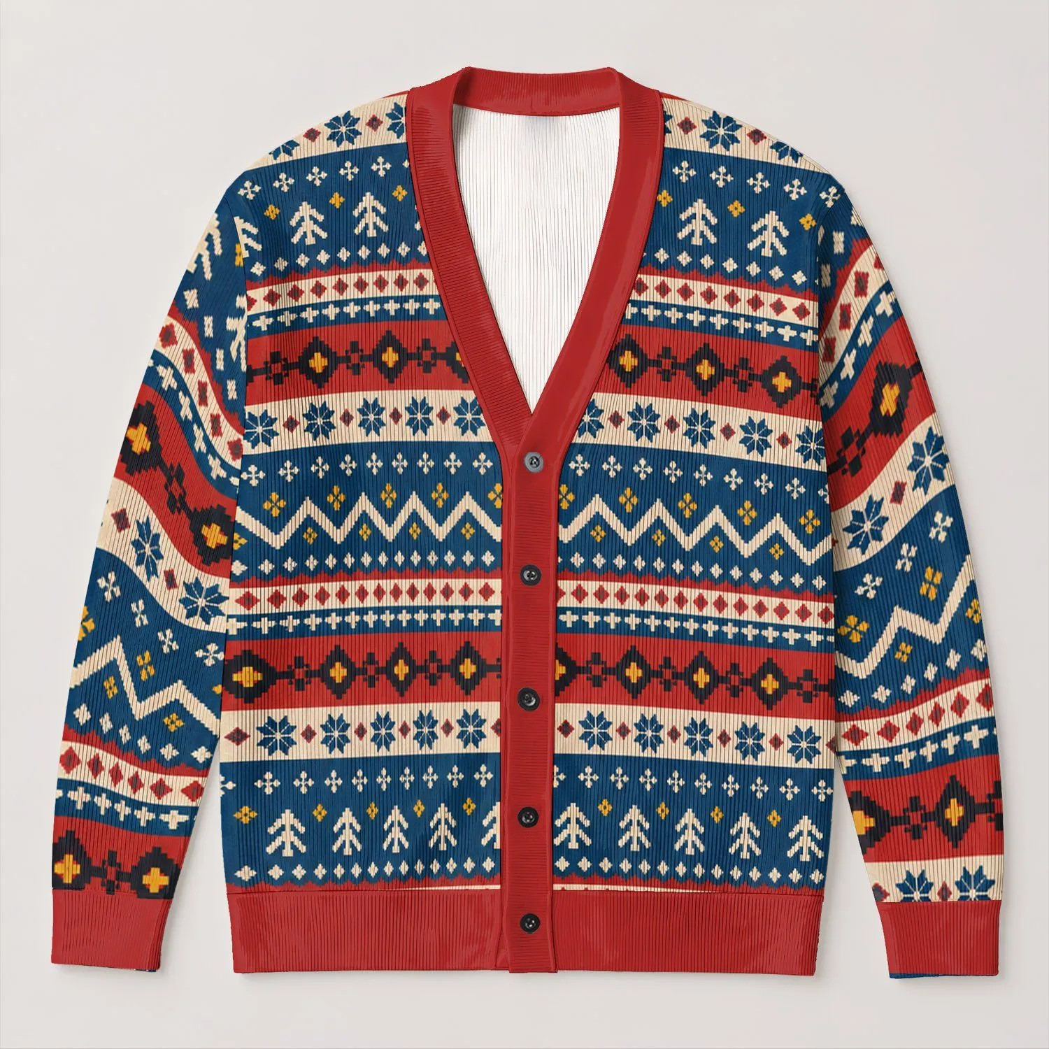 Nordic Folk Blue Red Geometric Winter Layers for Cozy Weekend Style and Travel Wear All-over Print Knitted Cardigan - 1