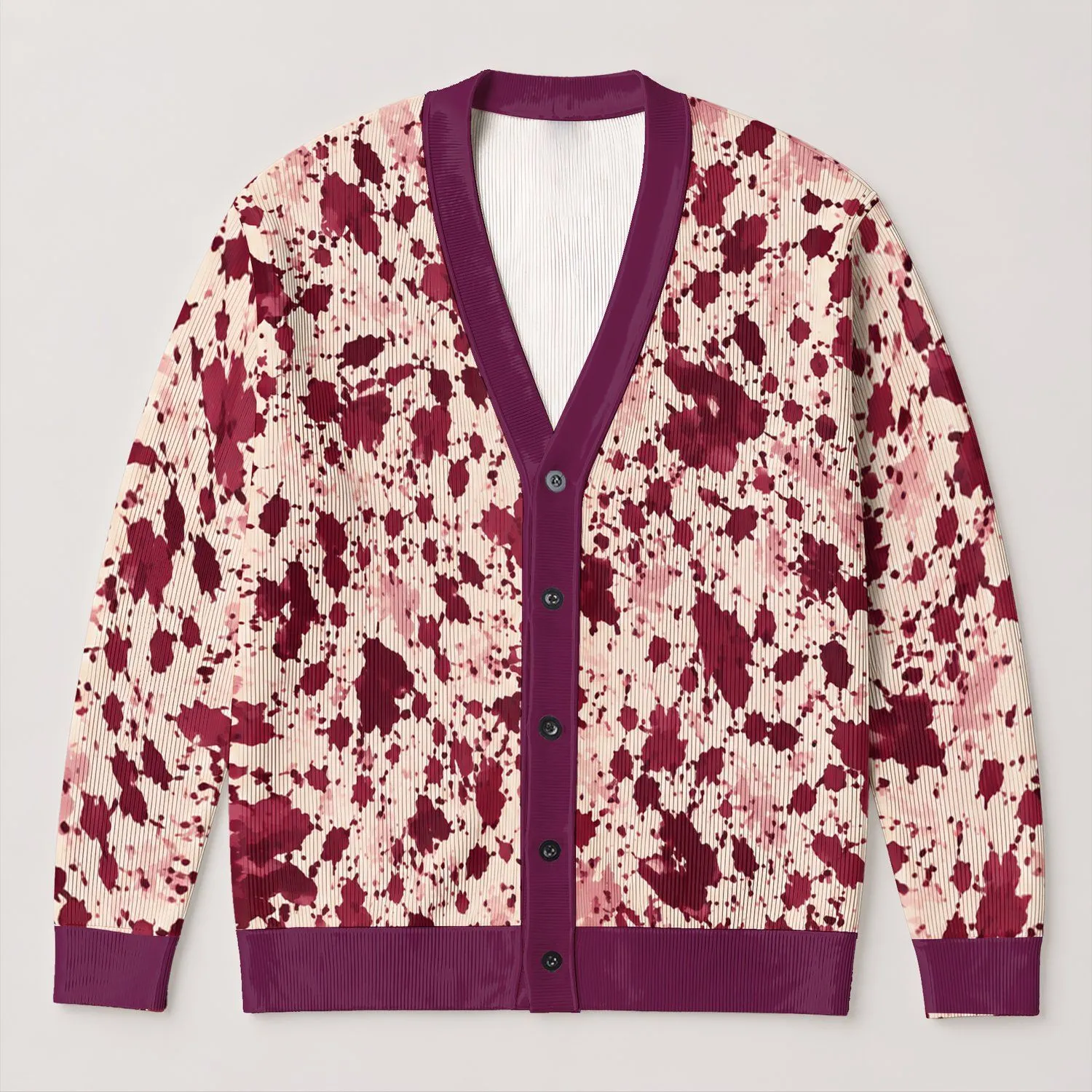 Burgundy and Blush Abstract Speckles for Relaxed Everyday Layering and Weekend Style All-over Print Knitted Cardigan - 1