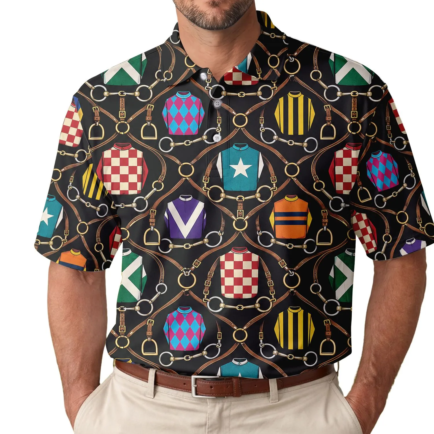 Colorful Horse Racing Silks for Derby Day, Golf Outings, and Equestrian Style Fans Men's Polo Shirt - 1