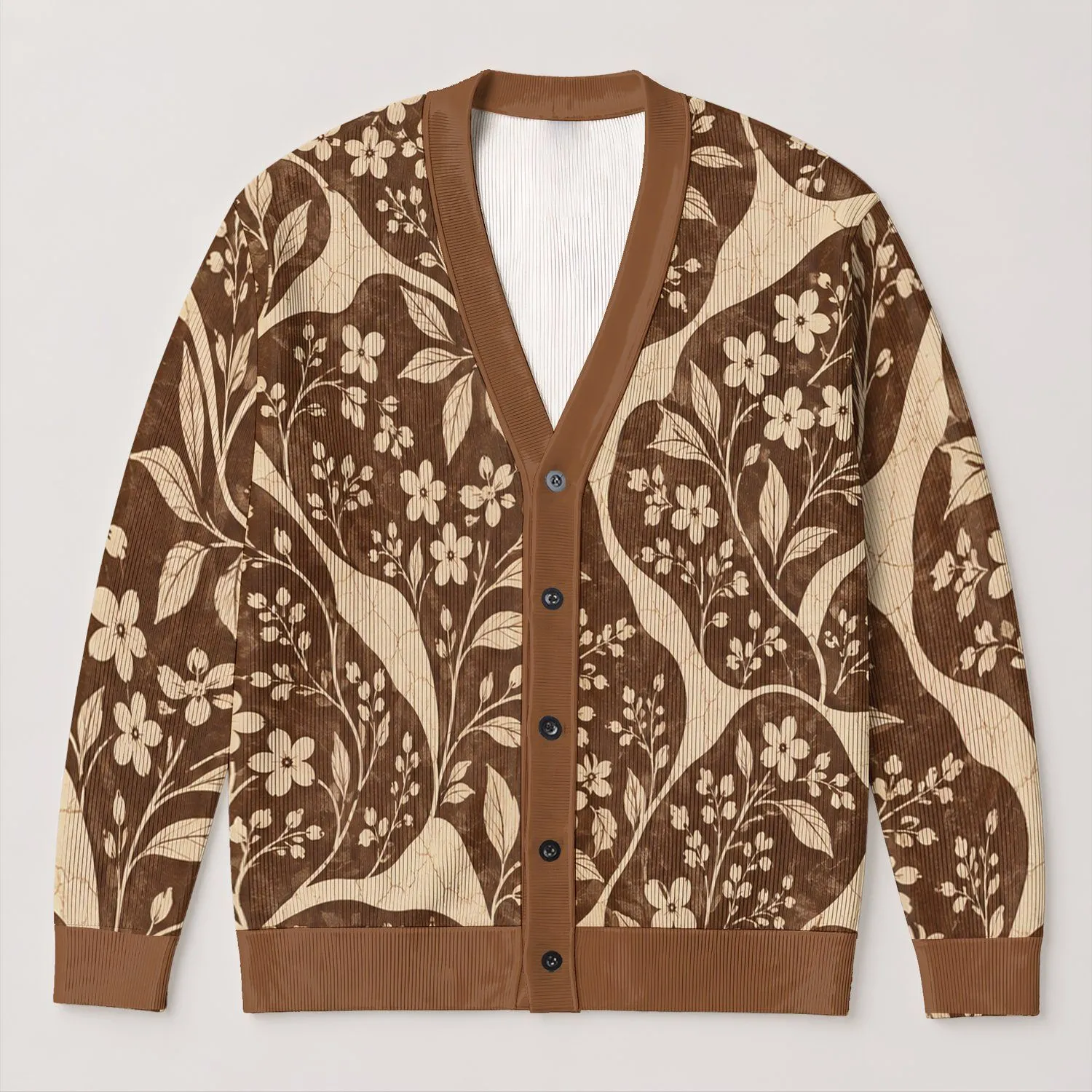 Vintage Brown Cream Floral Patchwork for Casual Layering and Everyday Womens Style All-over Print Knitted Cardigan - 1