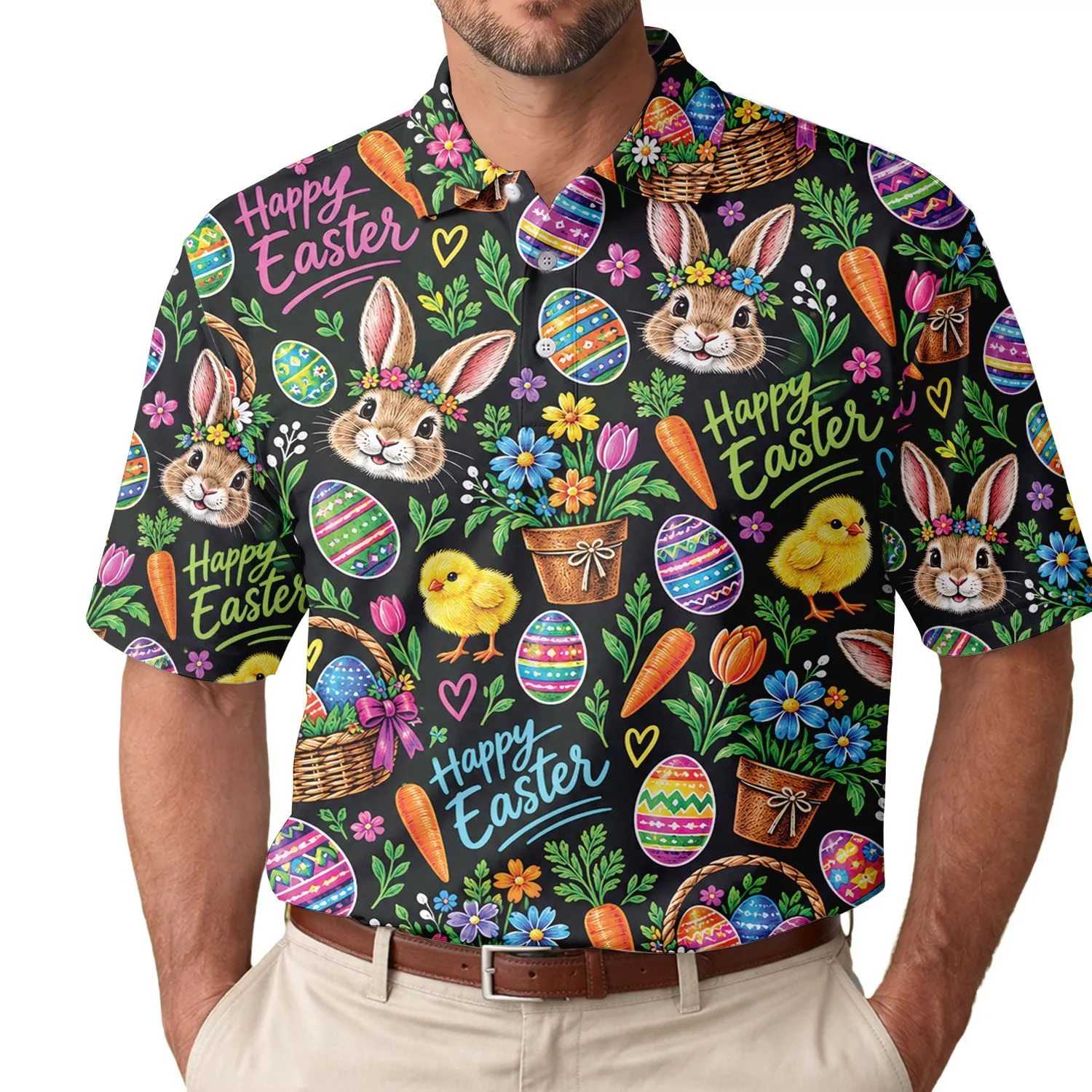Neon Easter Bunnies and Eggs for Spring Celebrations, Happy Holiday Style for Women Men's Polo Shirt - 1