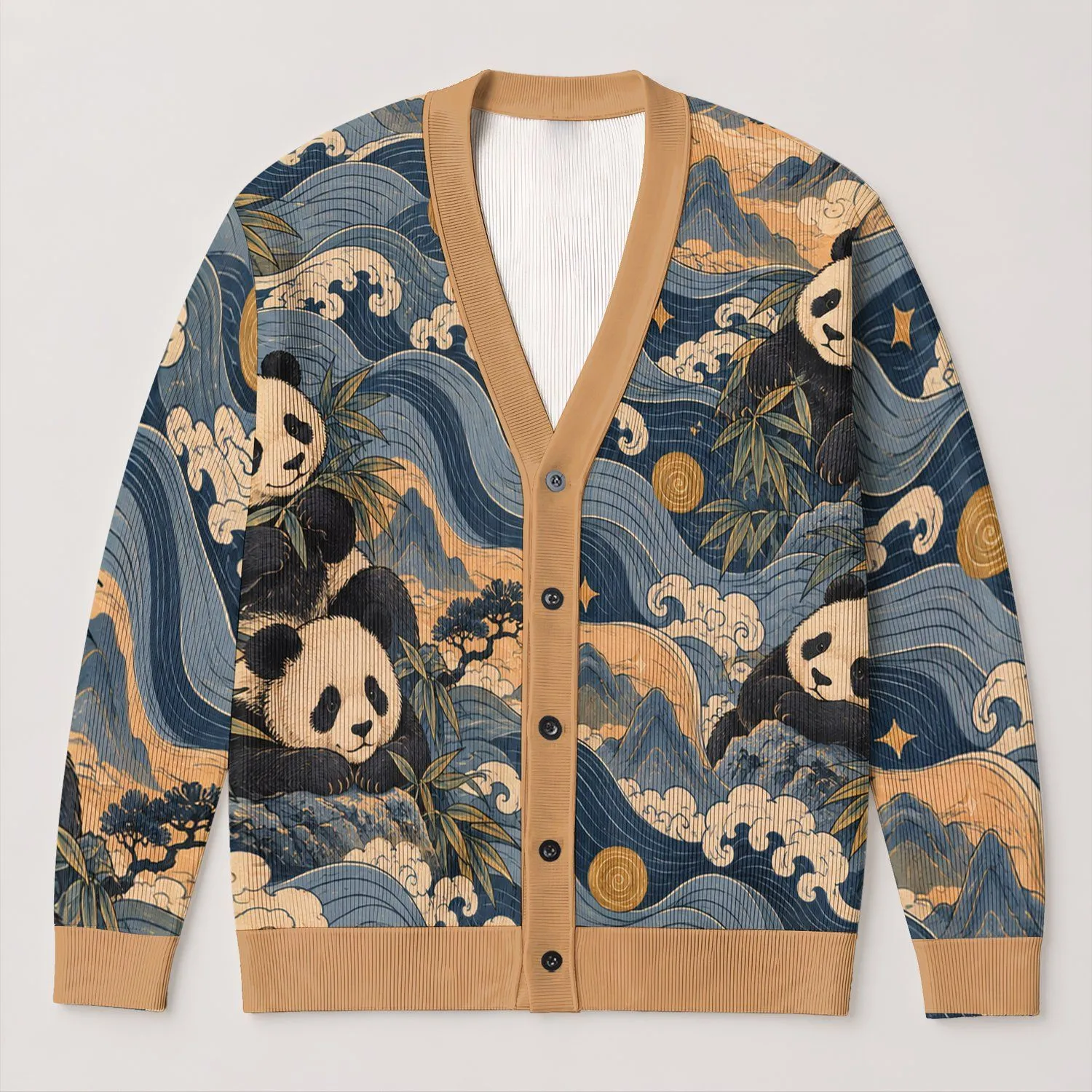 Panda Starry Waves Cozy Autumn Layering Gift for Nature Loving Women Everyday Wear All-over Print Knitted Cardigan - 1