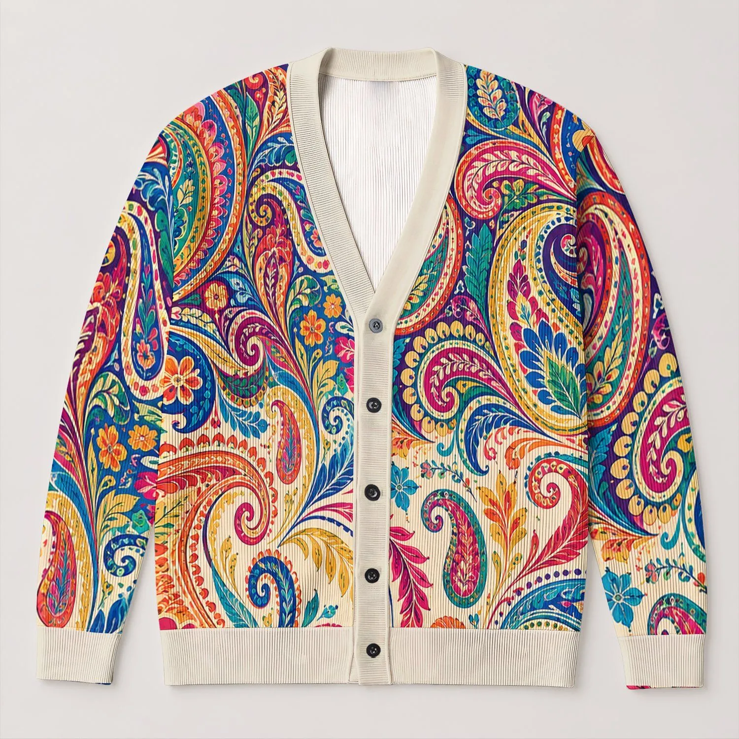 Colorful Paisley Swirls for Creative Everyday Layering, Travel, and Weekend Style All-over Print Knitted Cardigan - 1