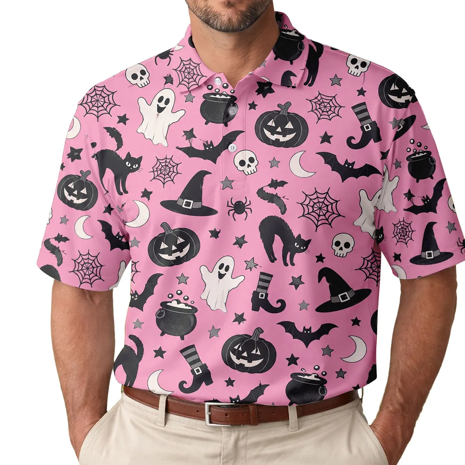 Halloween Witch Hats and Black Cat Motifs for Spooky October Parties and Nighttime Fun Men's Polo Shirt - 1