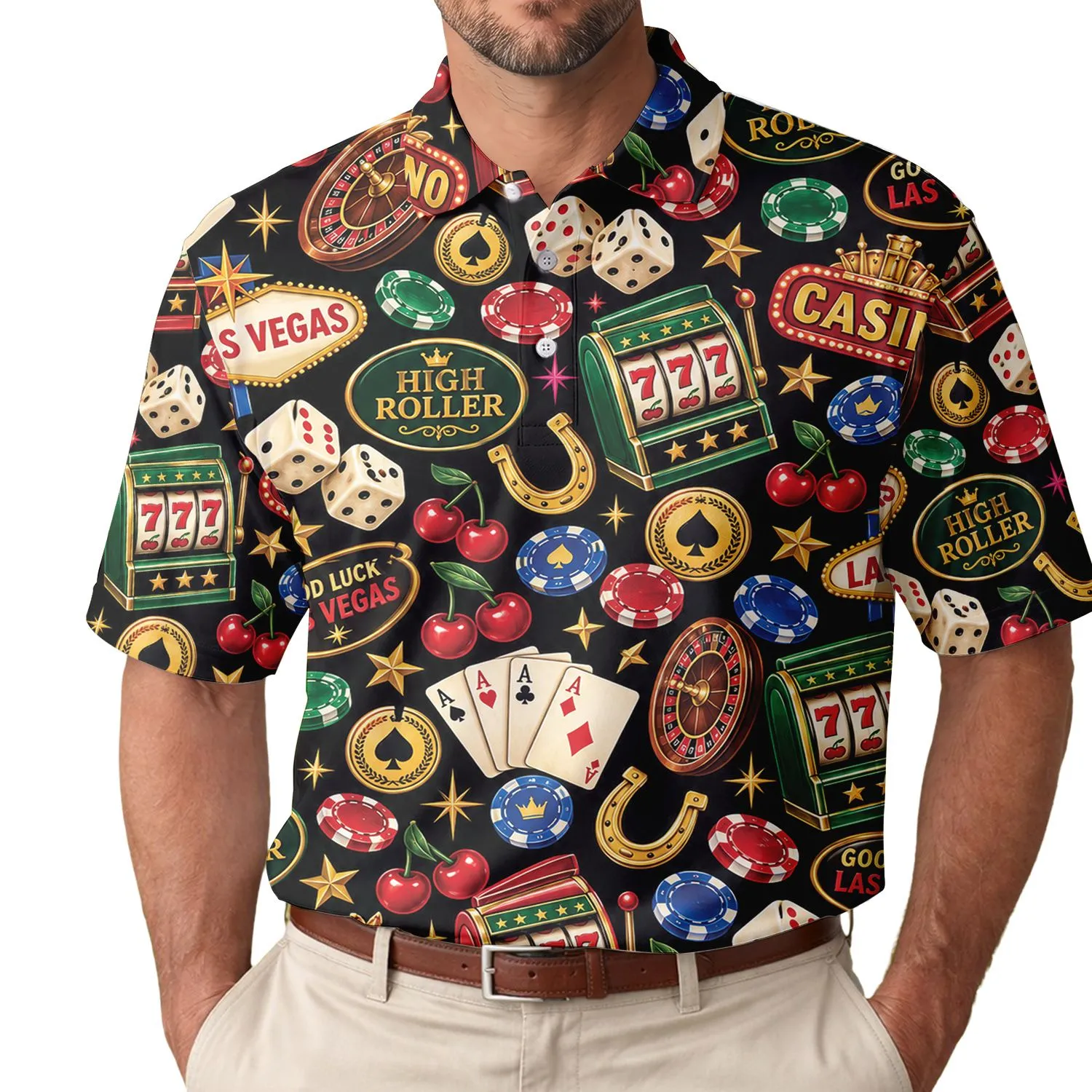 Lucky 777 Casino Icons for Las Vegas Parties, Beach Vacations, and Game Nights Men's Polo Shirt - 1