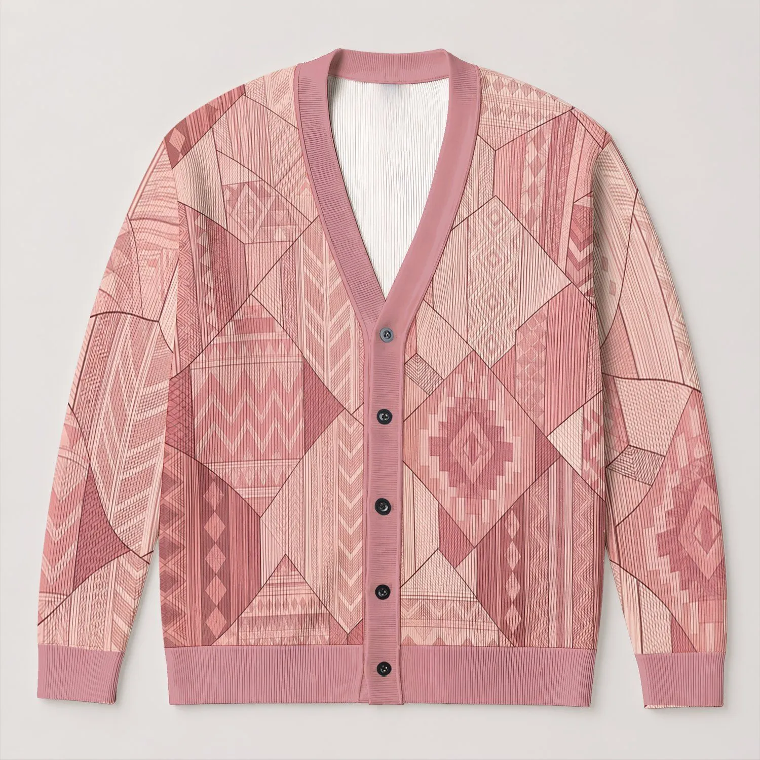 Blush Pink Hexagonal Geometric Layers for Everyday Office Style and Weekend Wear for Women All-over Print Knitted Cardigan - 1