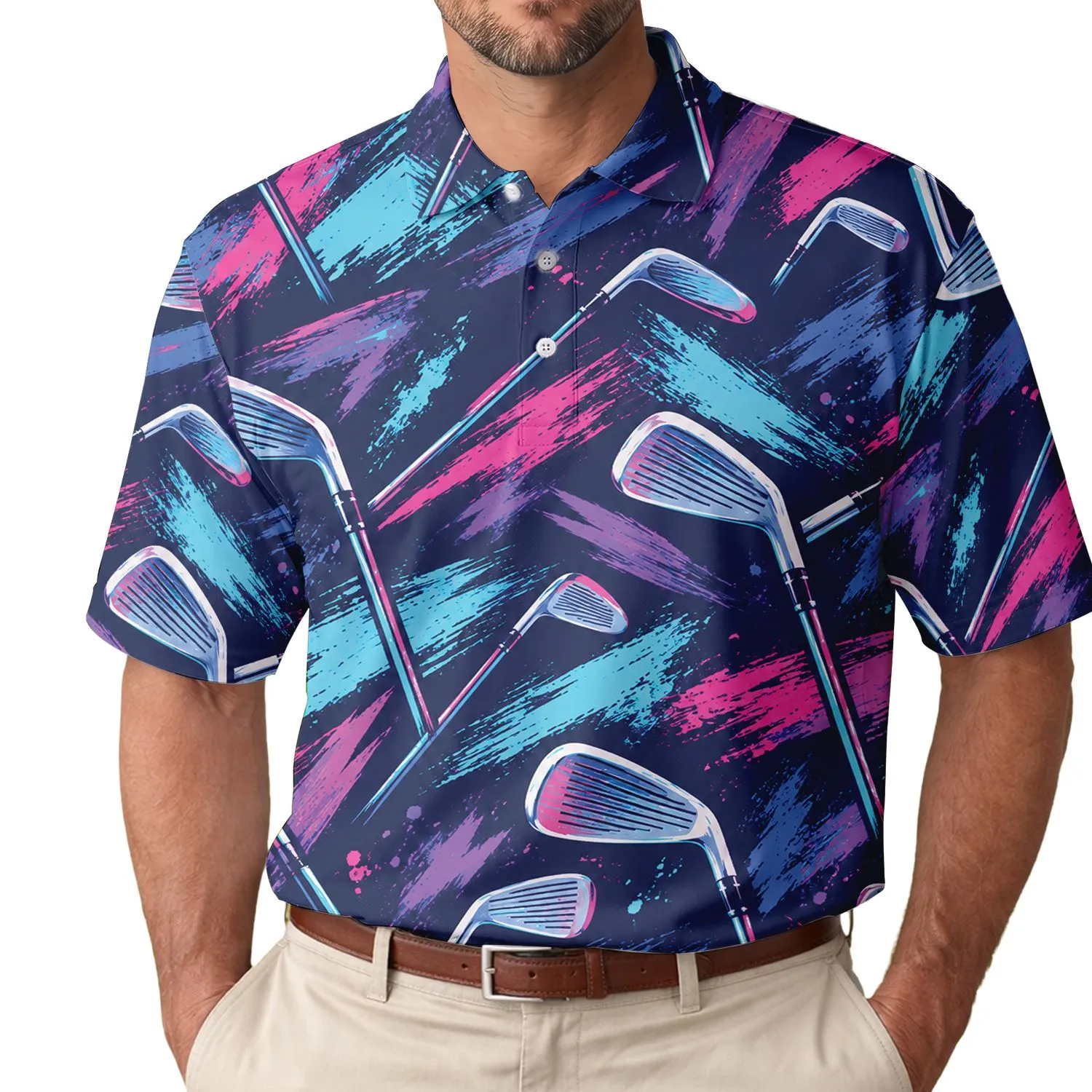 Retro Neon Golf Club Brush Strokes for Weekend Fairways and Team Outings, Men Women Men's Polo Shirt - 1